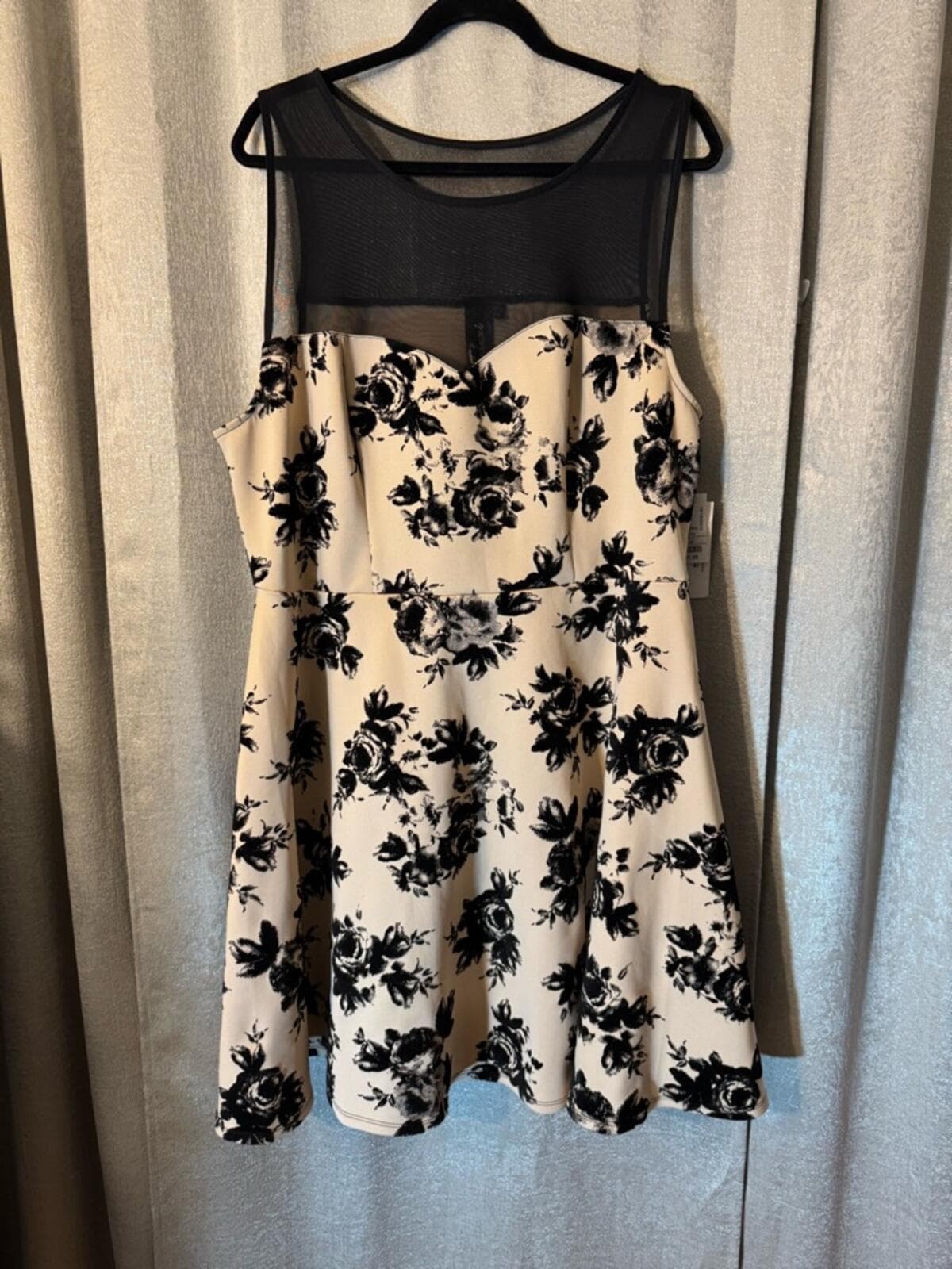 Trixxi Cream Mini Dress with Black Floral Print and Sheer Yoke - Thumbnail 2