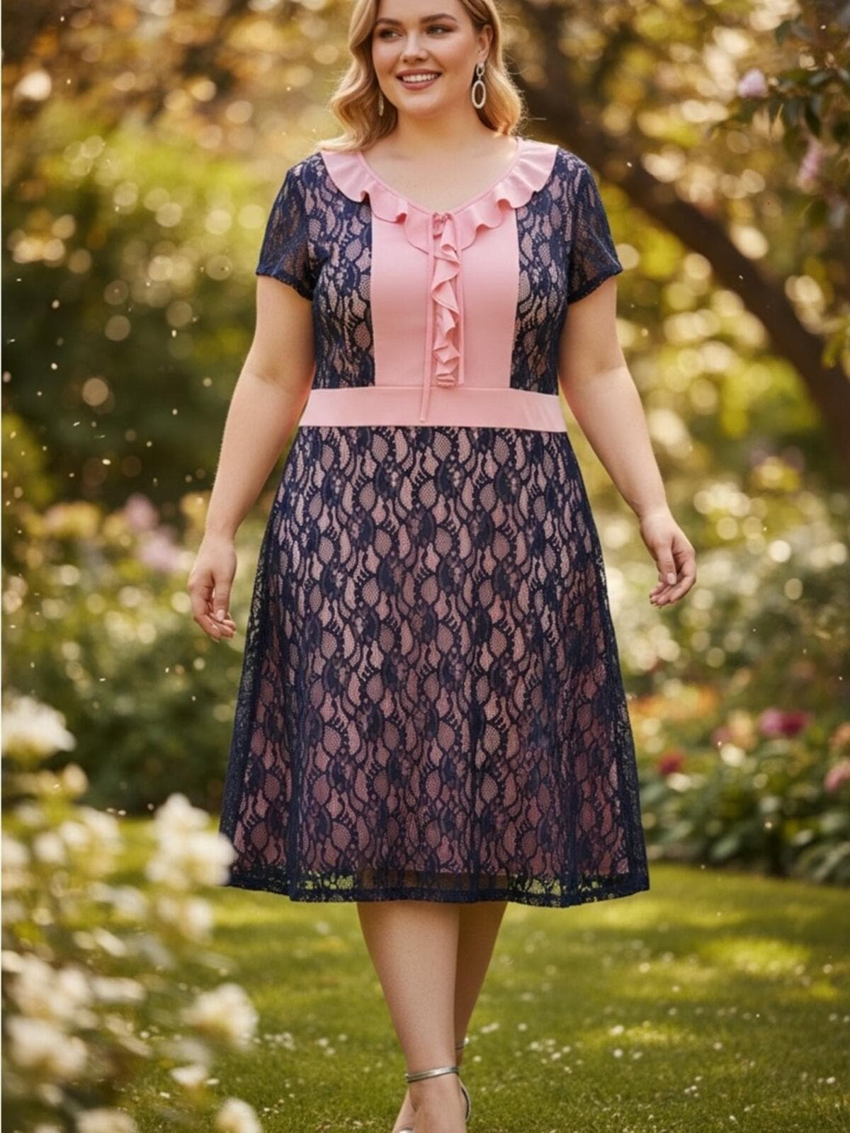 Plus-Size Navy Lace Midi Dress with Pink Accents - Image 1
