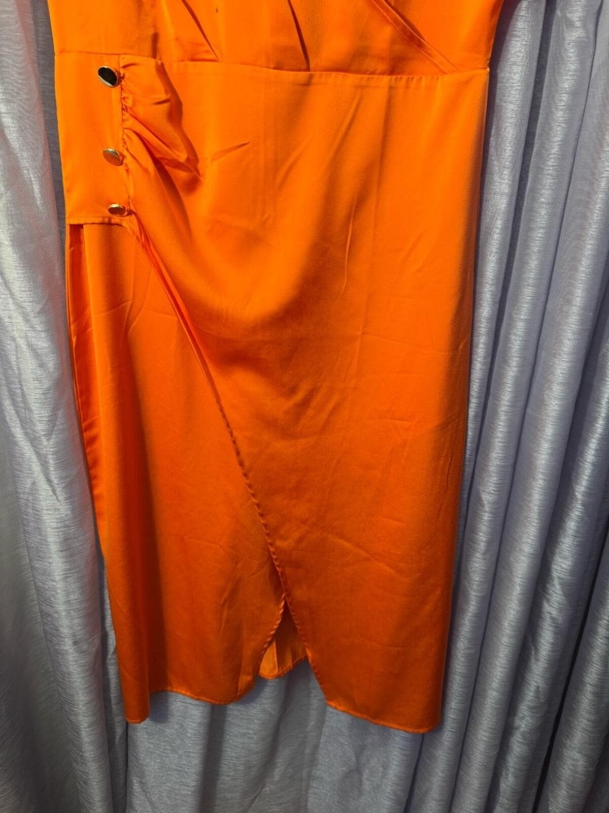 Elegant Orange Wrap Midi Dress with Side Button Trim - Thumbnail 5