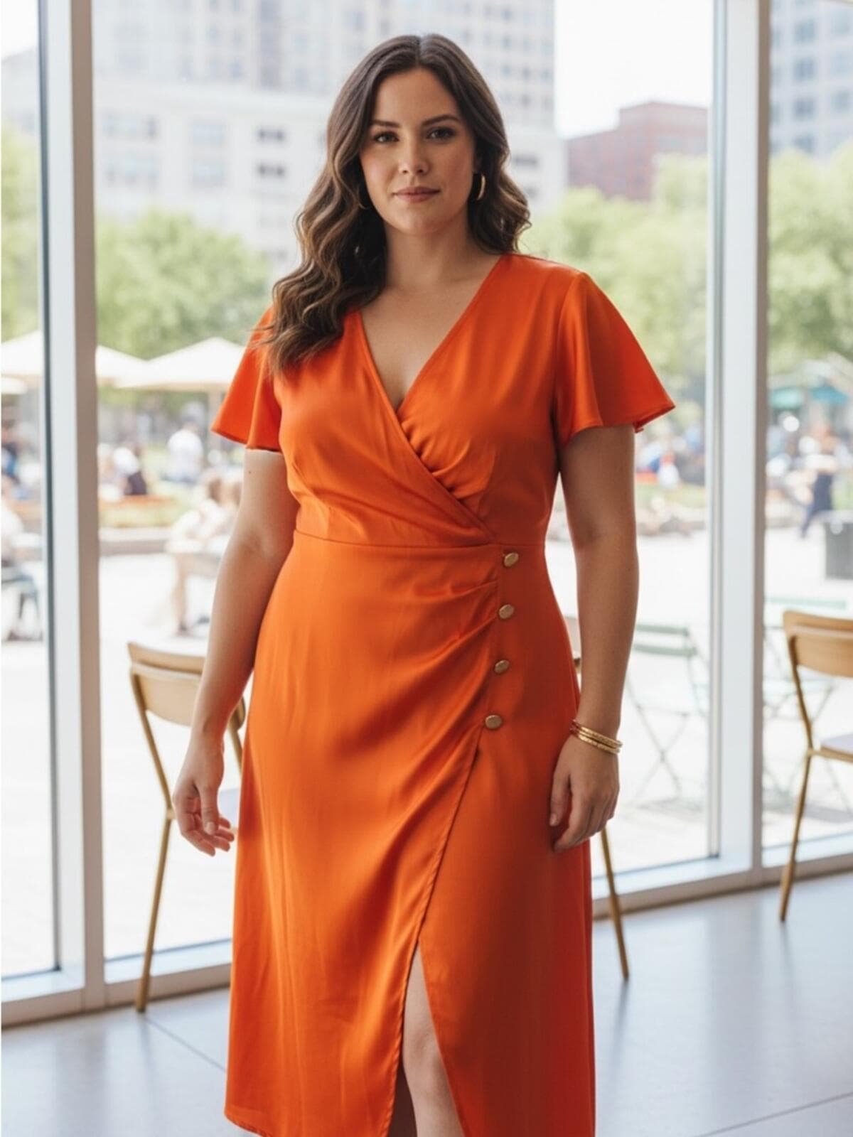 Elegant Orange Wrap Midi Dress with Side Button Trim - Image 1