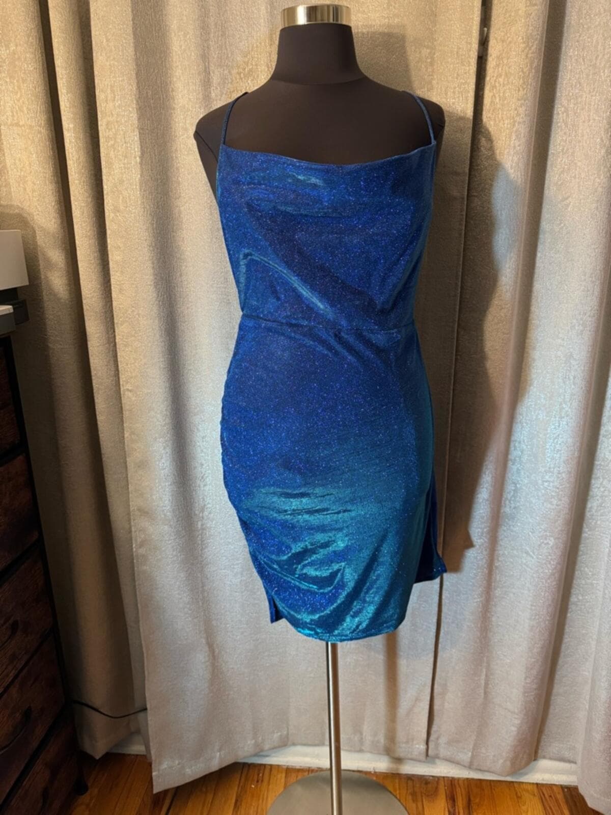 SHEIN Blue Glitter Cowl Neck Mini Dress - Thumbnail 2