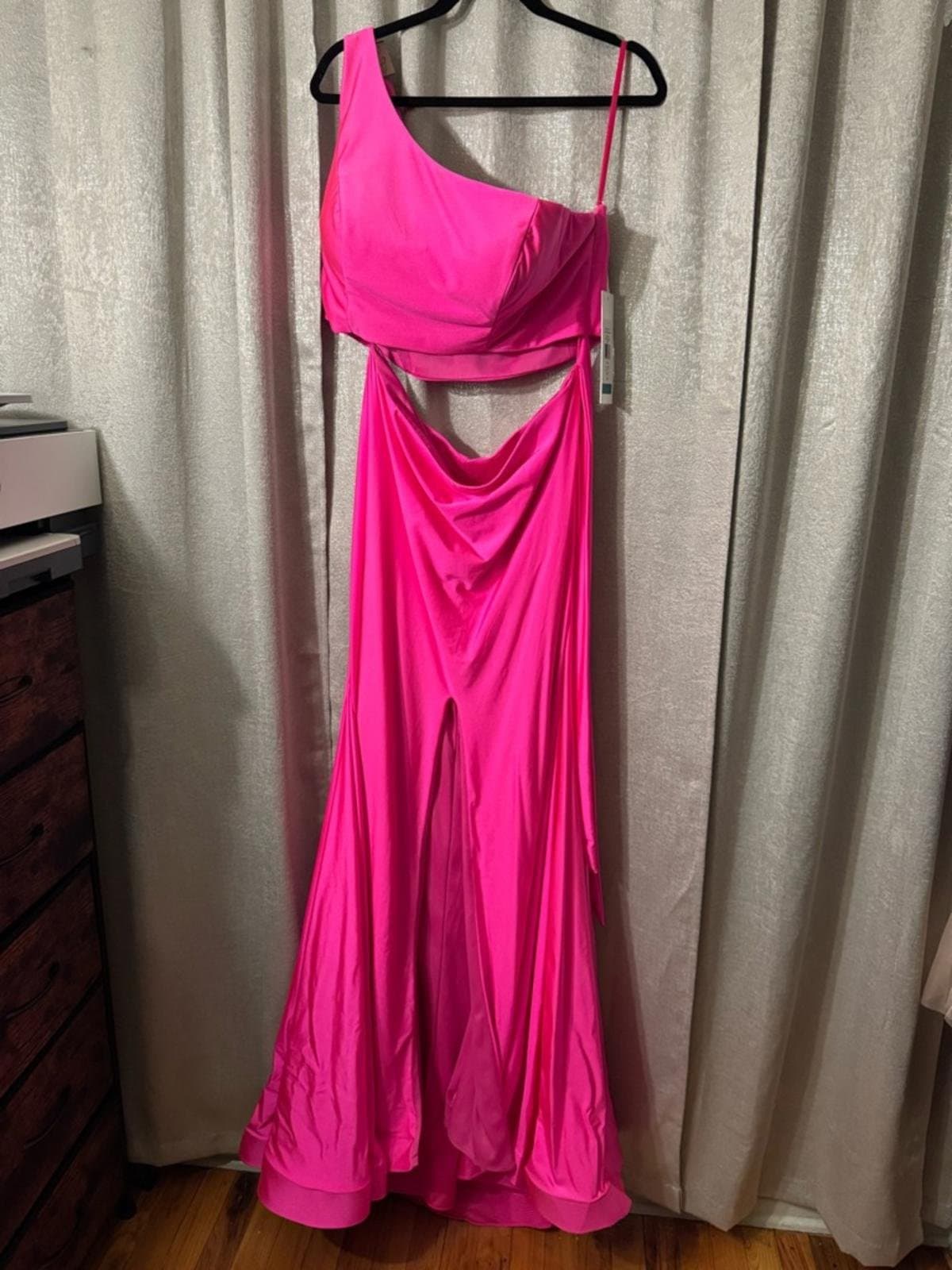 One-Shoulder Bright Pink Maxi Skirt with Side Slit - Thumbnail 2