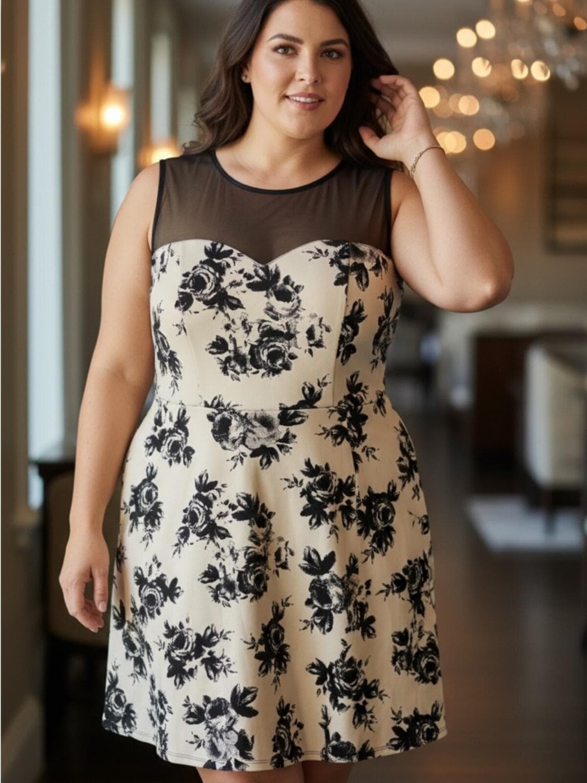 Trixxi Cream Mini Dress with Black Floral Print and Sheer Yoke - Image 1