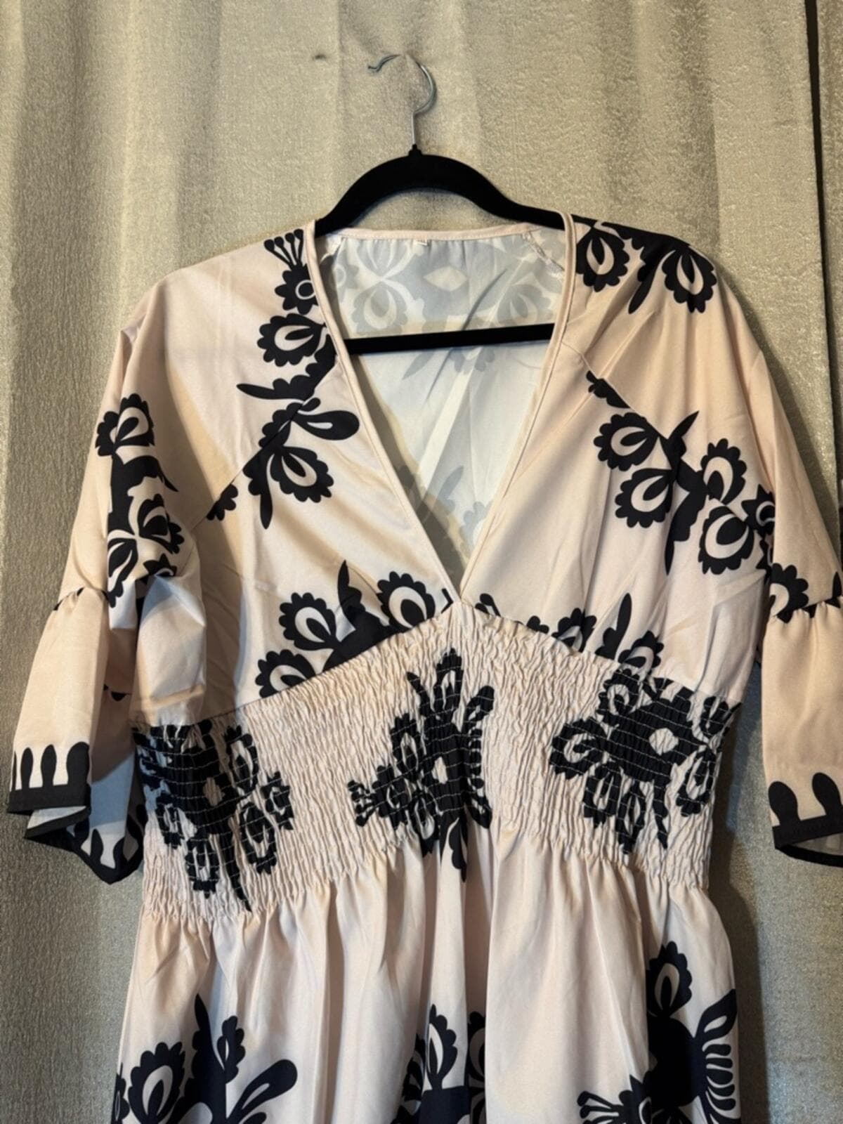 Plus Size Cream Midi Dress with Black Embroidery - Thumbnail 3