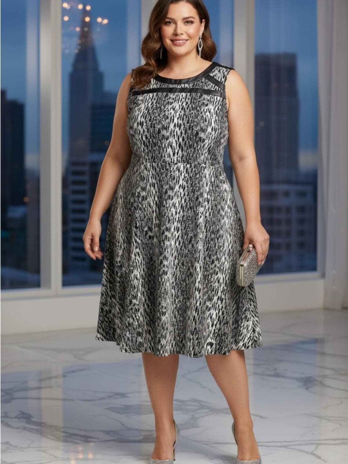 Lane Bryant Black and White Sleeveless Patterned Midi Dress - Image 1