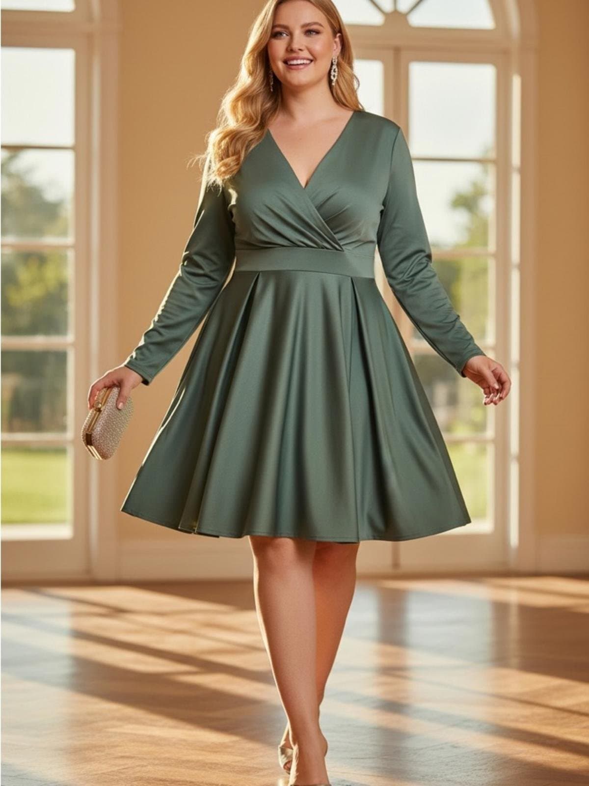 Elle Olive Green V-Neck Long Sleeve Dress - Image 1