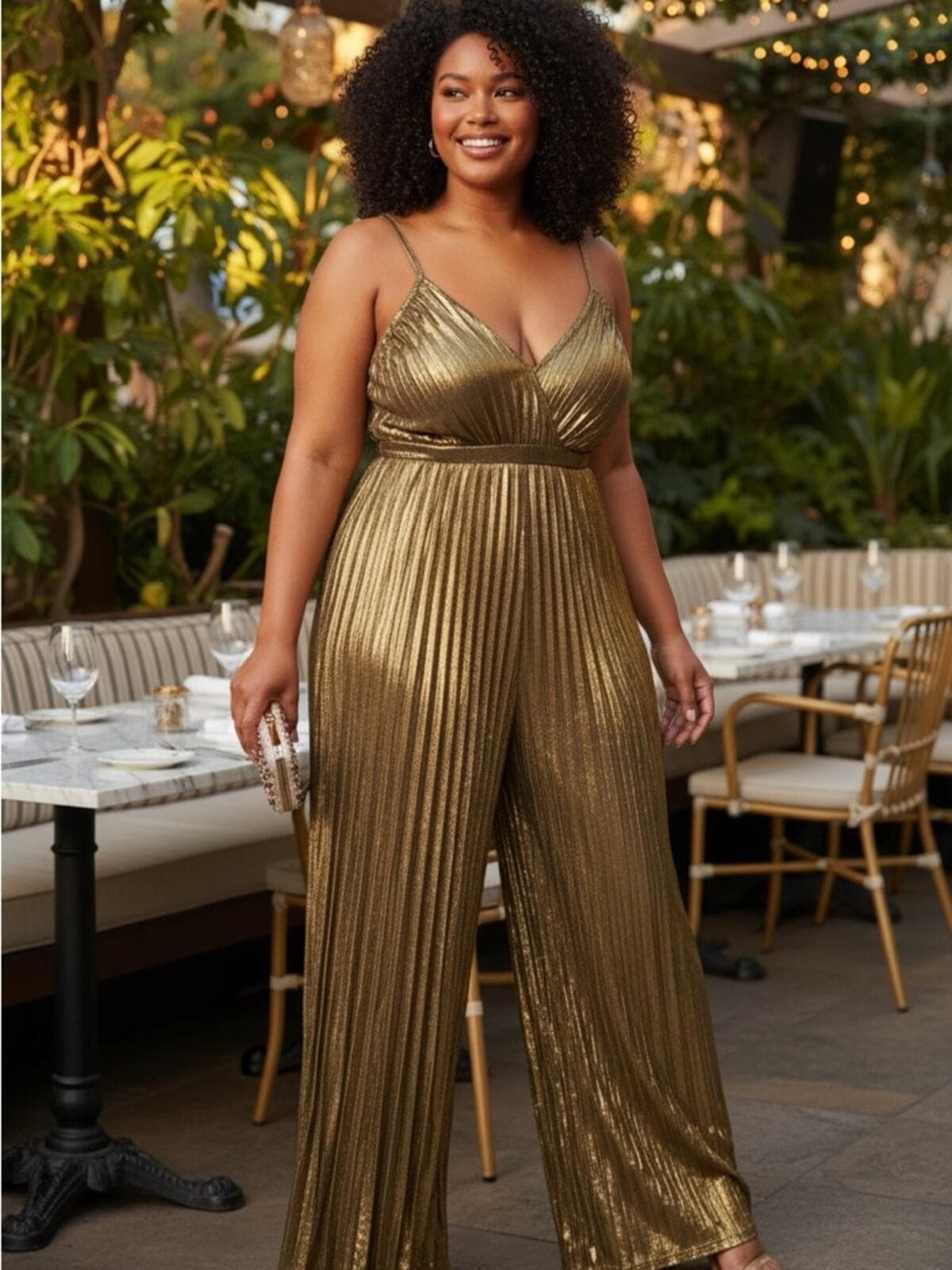 Gold Metallic Pleated Spaghetti-Strap Jumpsuit - Image 1