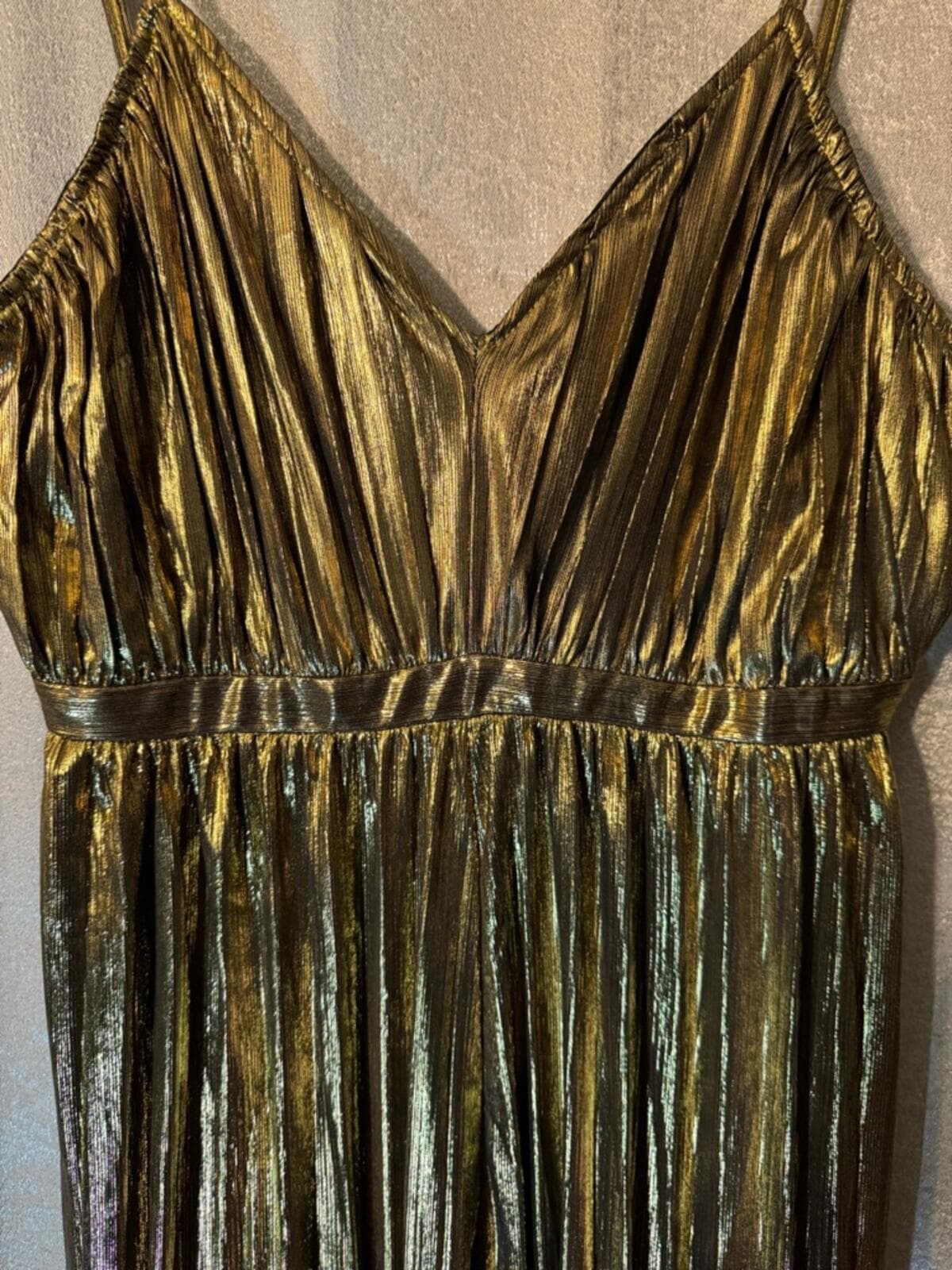 Gold Metallic Pleated Spaghetti-Strap Jumpsuit - Thumbnail 4