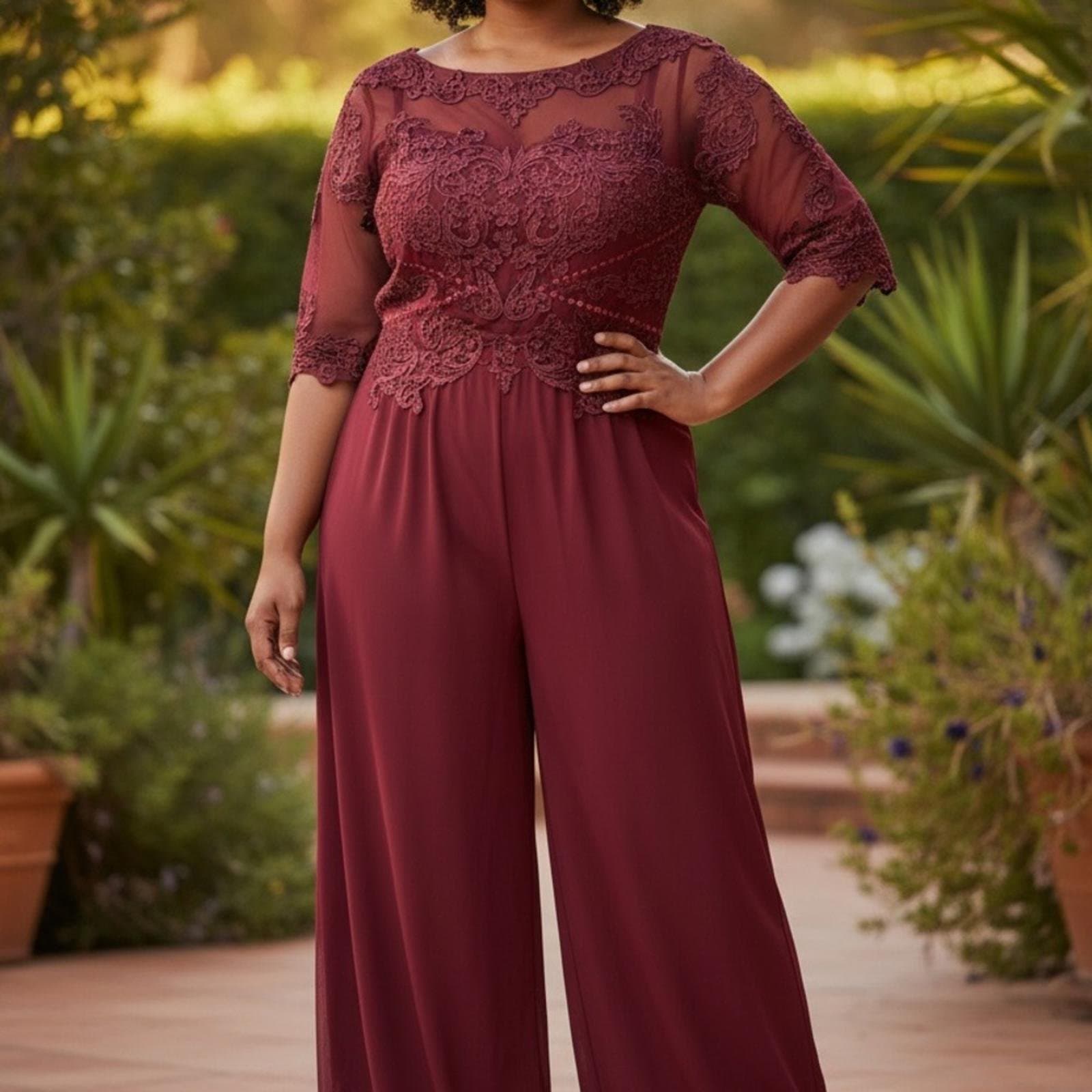 Embroidered Lace Bodice Wide-Leg Jumpsuit in Burgundy - Image 1
