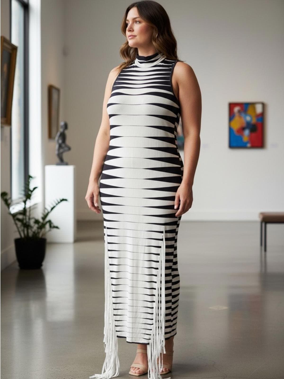 Sleeveless Black & White Striped Fringe Maxi Dress - Image 1
