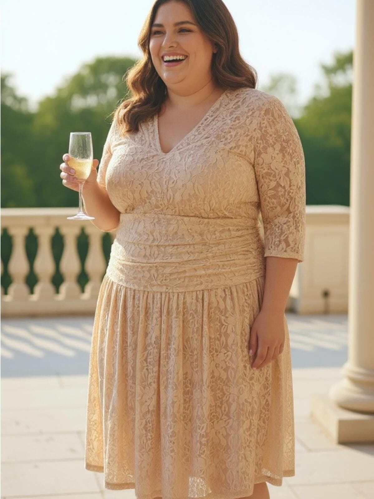 Kiyonna Champagne Lace V-Neck Ruched Midi Dress - Image 1