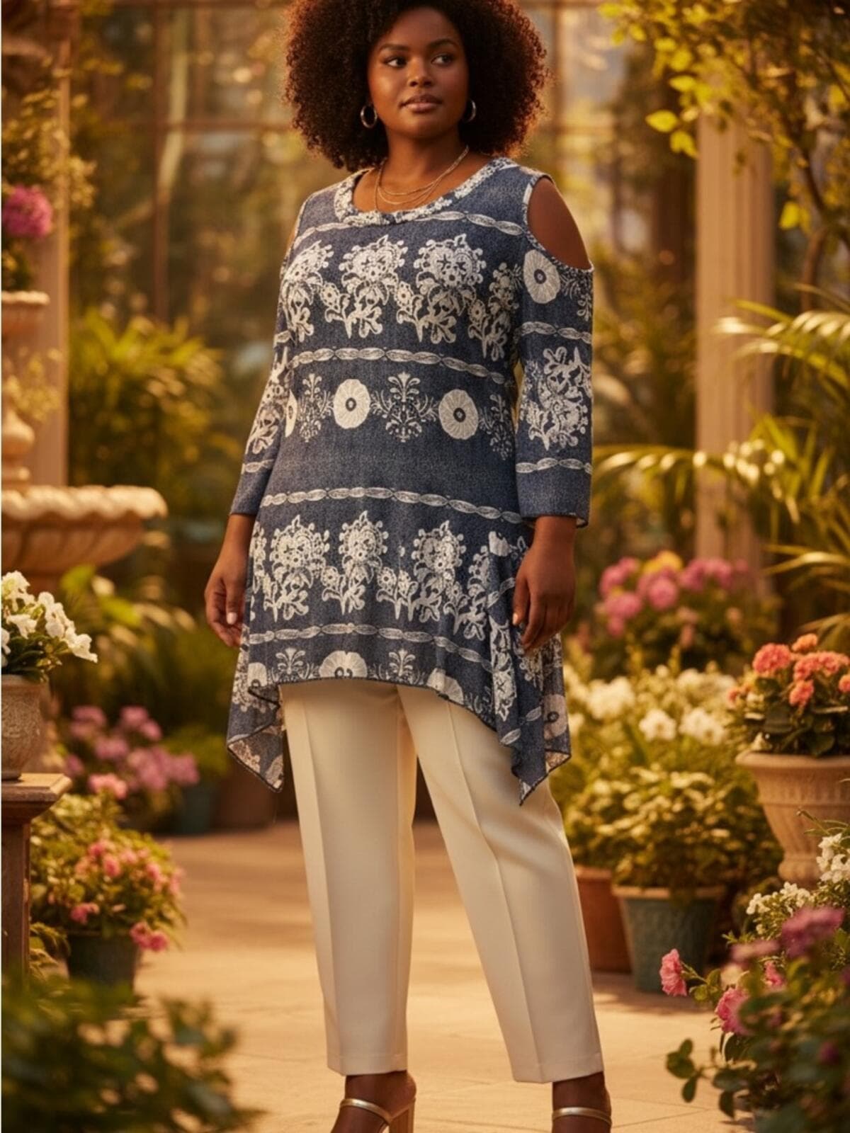 Kaktus Navy and White Floral Cold-Shoulder Top - Image 1