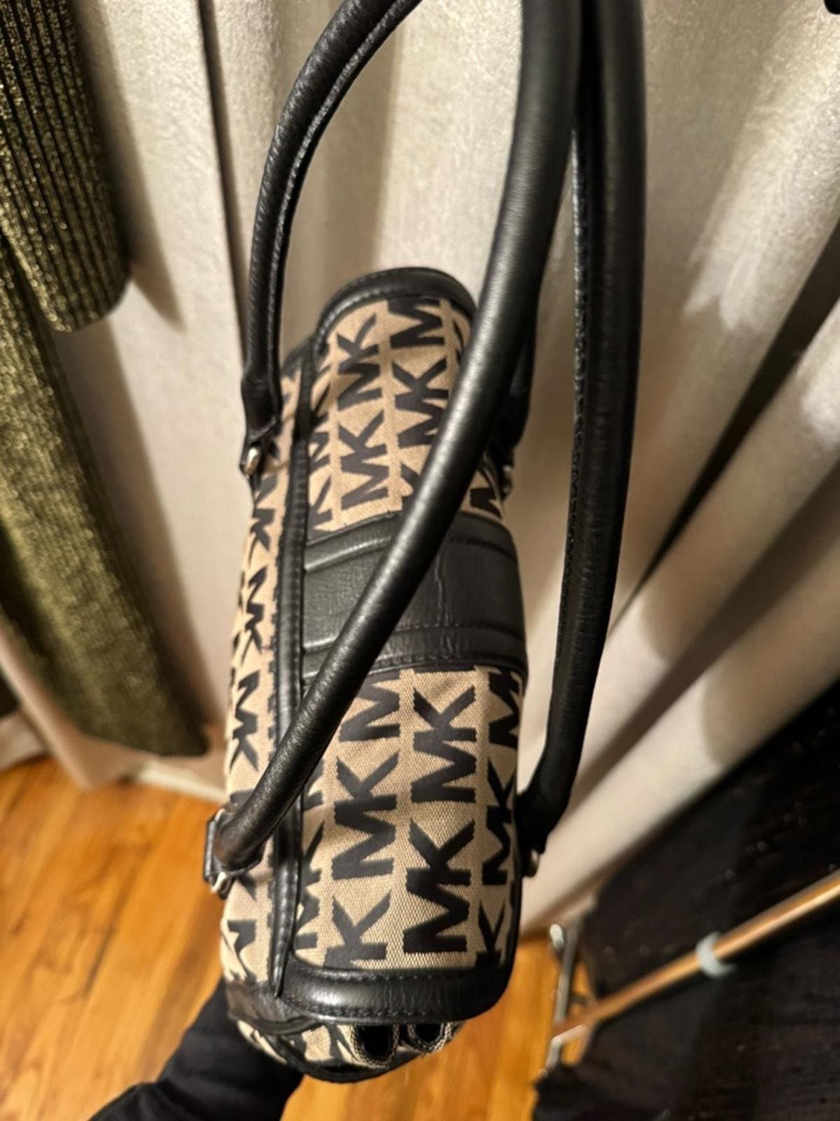 Michael Kors Beige and Black MK Logo Barrel Satchel with Leather Trim - Thumbnail 9