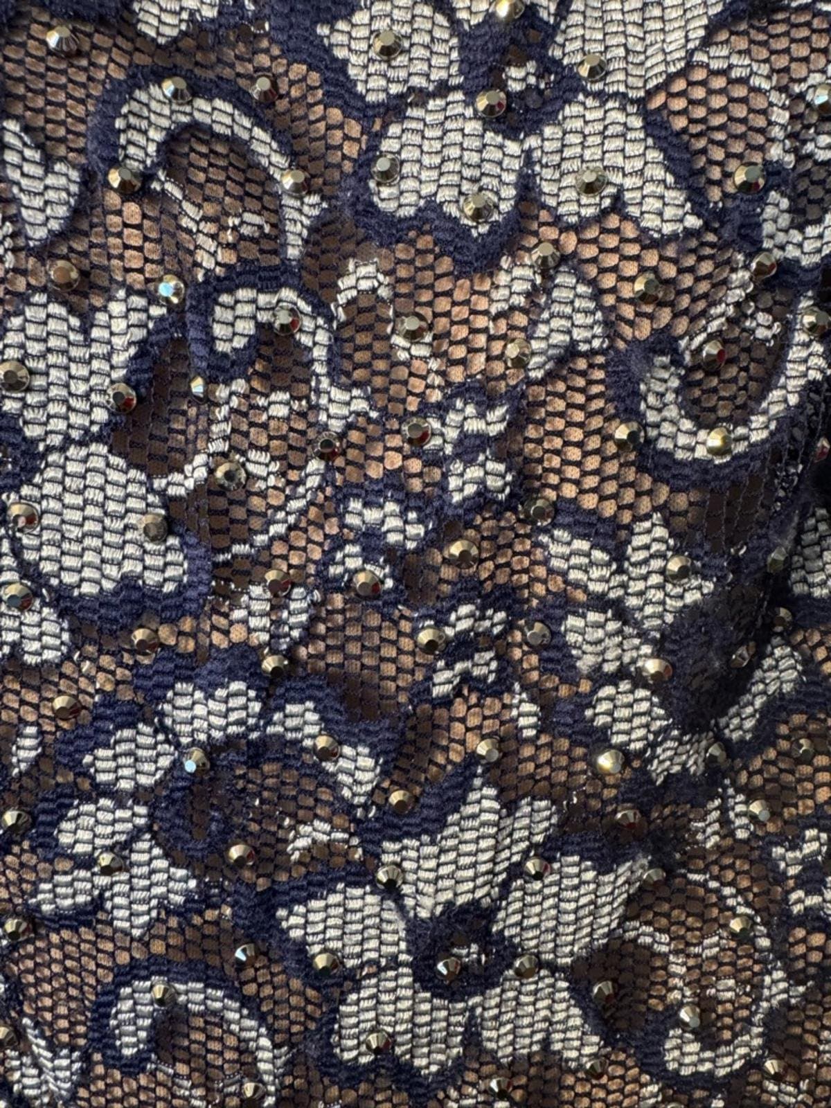 Xscape Navy and White Lace Off-Shoulder Long Sleeve Gown - Thumbnail 3