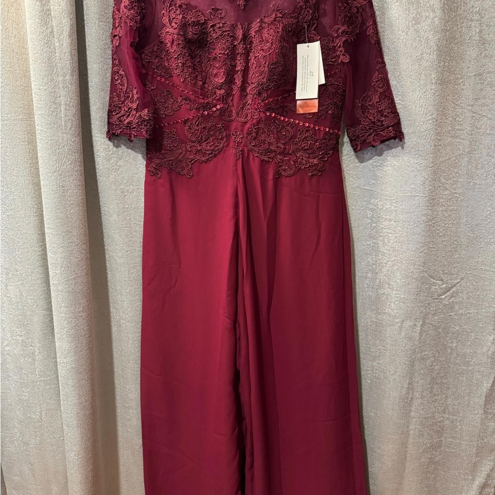 Embroidered Lace Bodice Wide-Leg Jumpsuit in Burgundy - Thumbnail 2