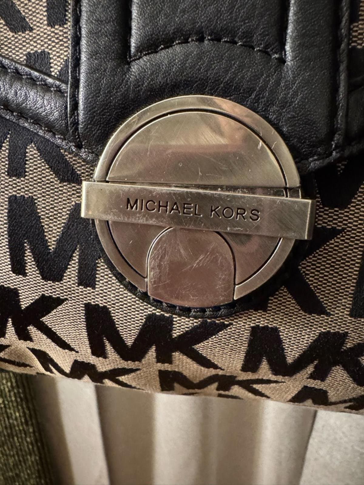 Michael Kors Beige and Black MK Logo Barrel Satchel with Leather Trim - Thumbnail 4