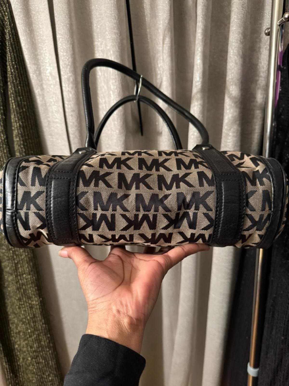 Michael Kors Beige and Black MK Logo Barrel Satchel with Leather Trim - Thumbnail 8