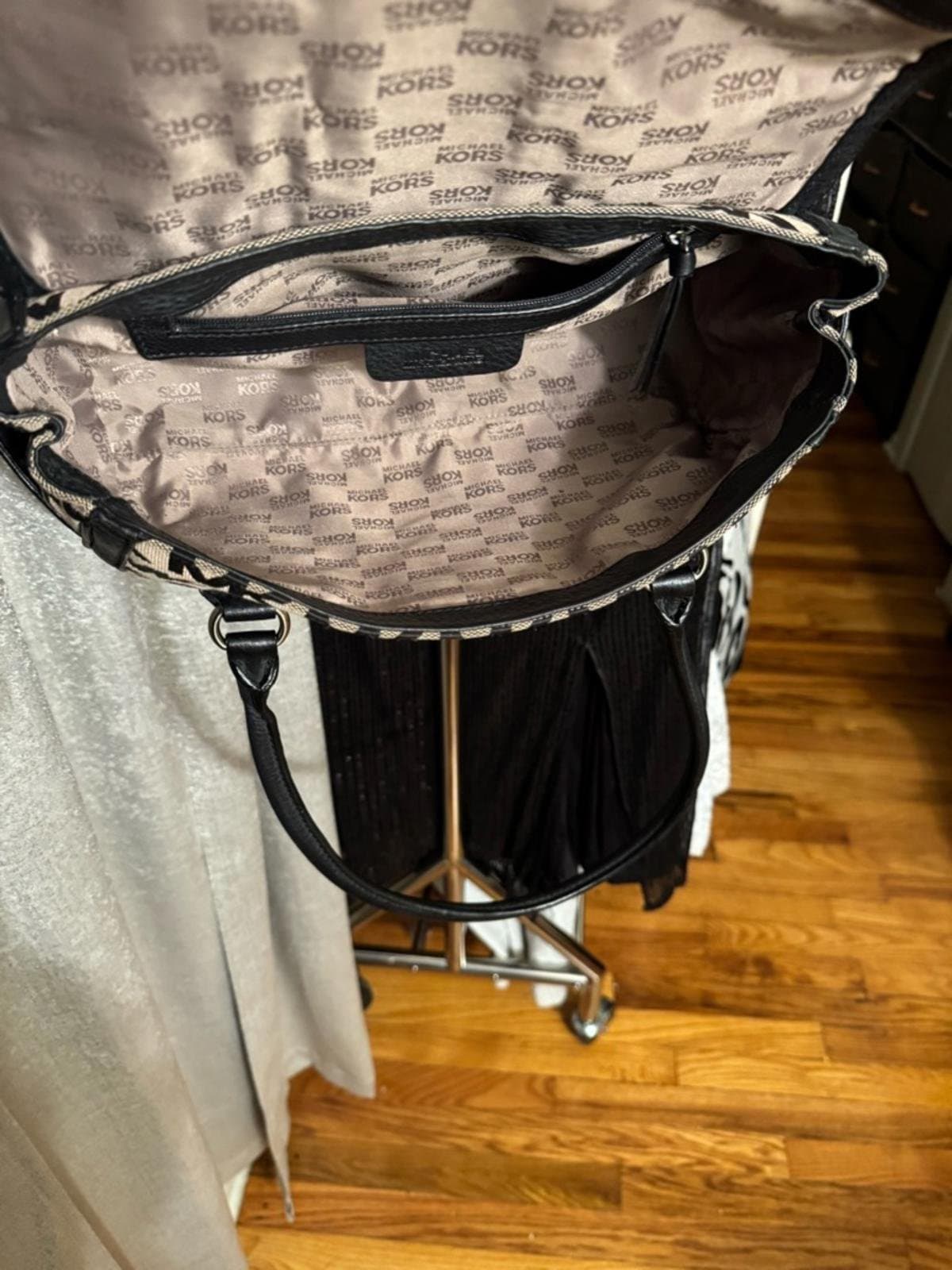 Michael Kors Beige and Black MK Logo Barrel Satchel with Leather Trim - Thumbnail 10