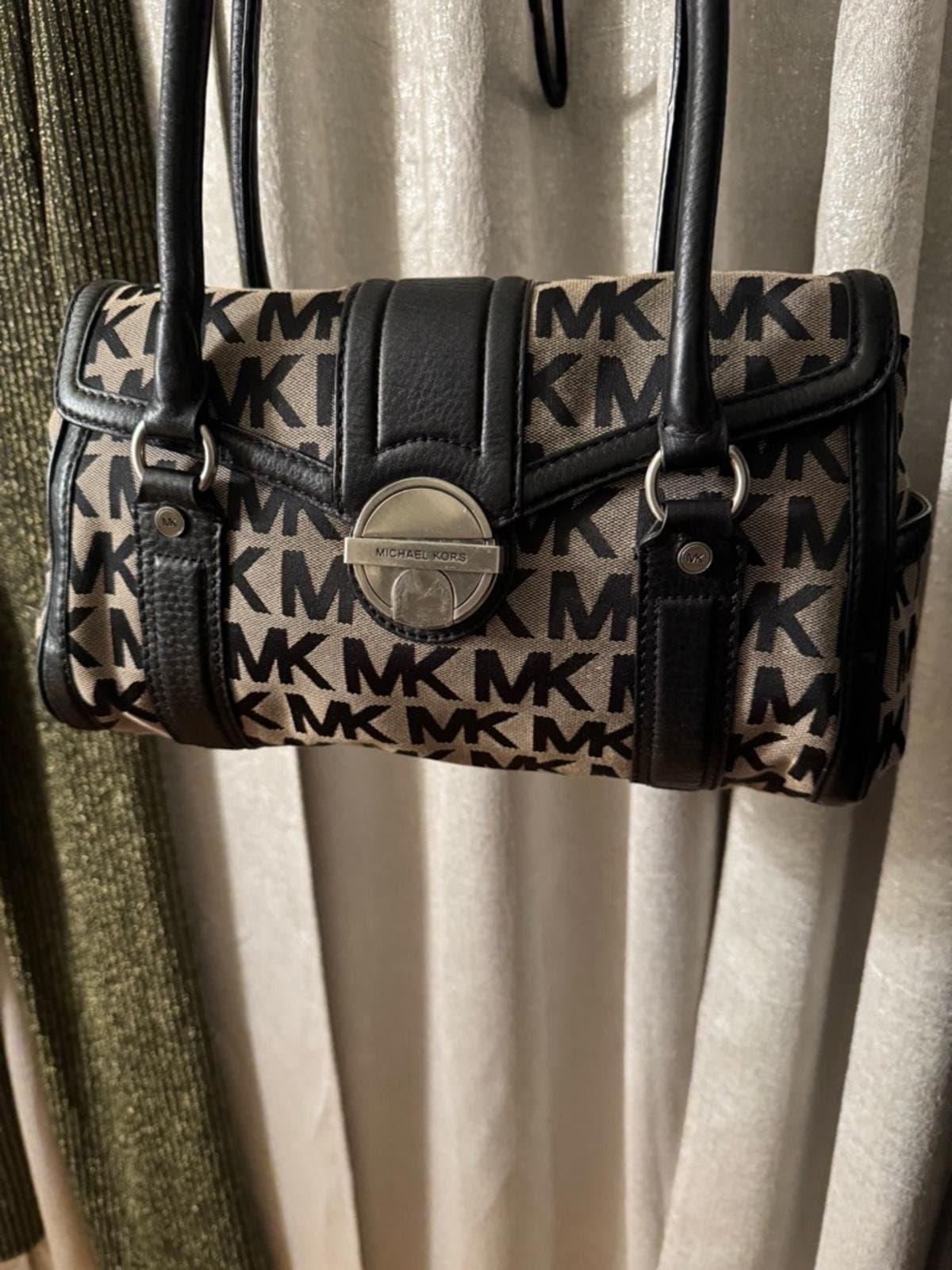Michael Kors Beige and Black MK Logo Barrel Satchel with Leather Trim - Thumbnail 2