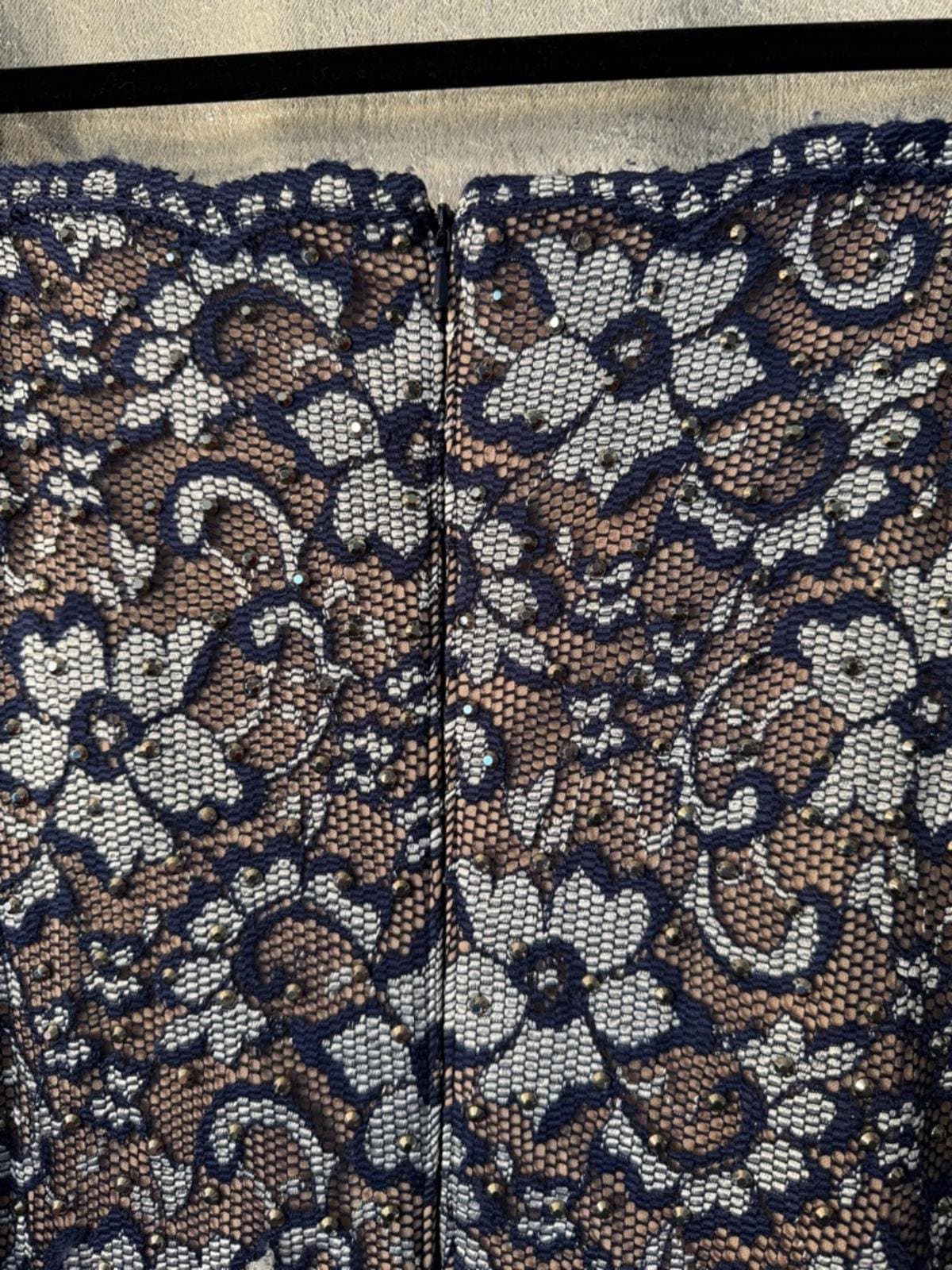 Xscape Navy and White Lace Off-Shoulder Long Sleeve Gown - Thumbnail 9