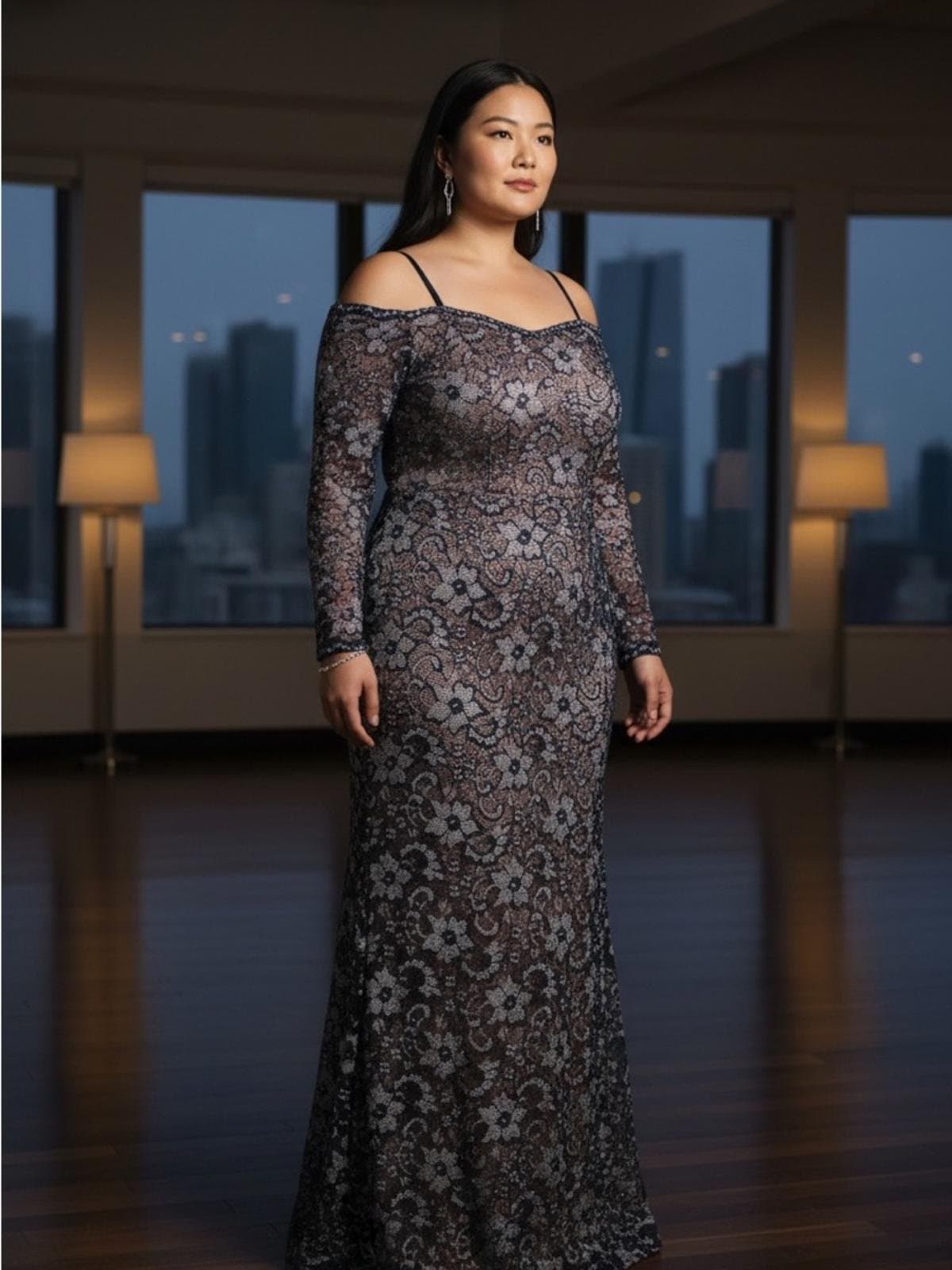 Xscape Navy and White Lace Off-Shoulder Long Sleeve Gown - Image 1