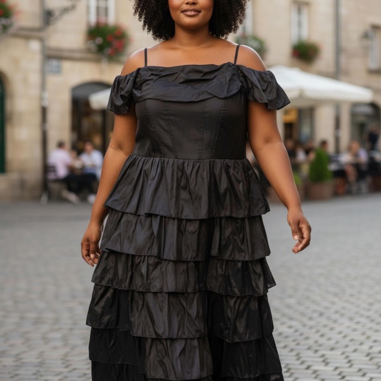 Chic Navy Blue Strapless Tiered Dress - Image 1