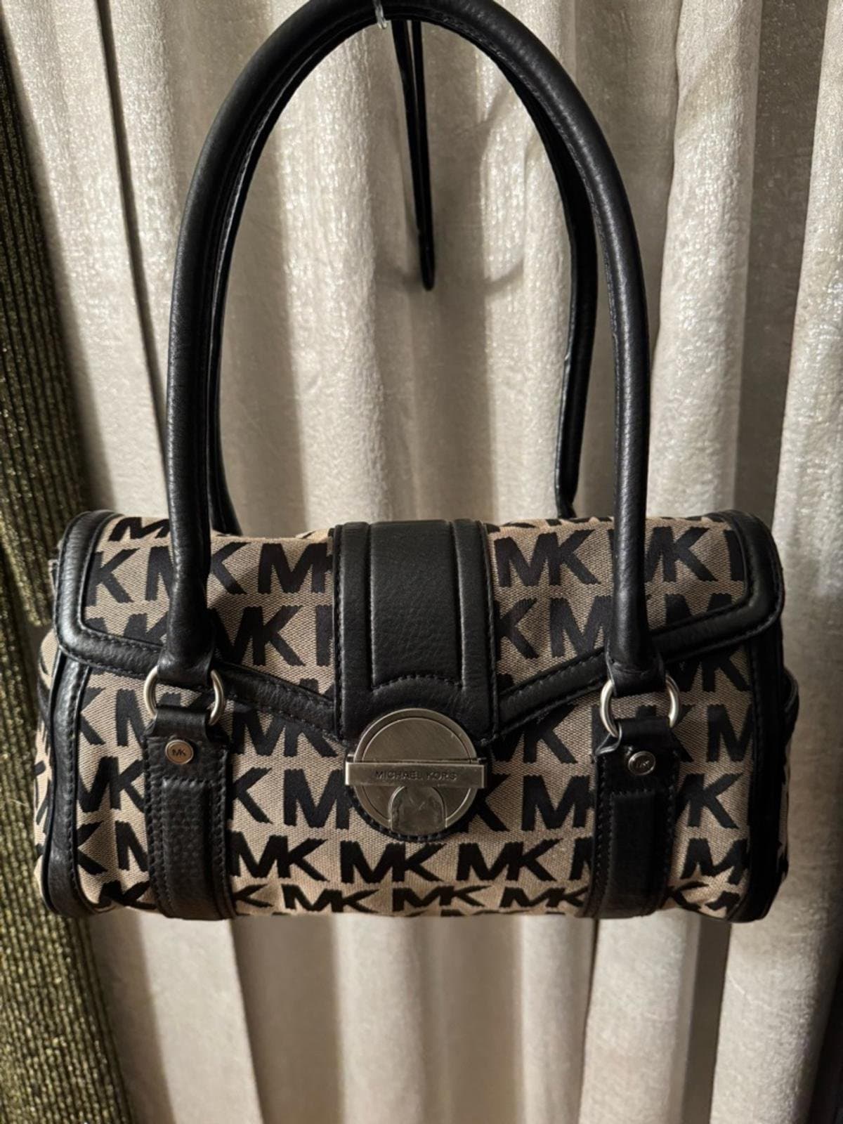 Michael Kors Beige and Black MK Logo Barrel Satchel with Leather Trim - Thumbnail 3