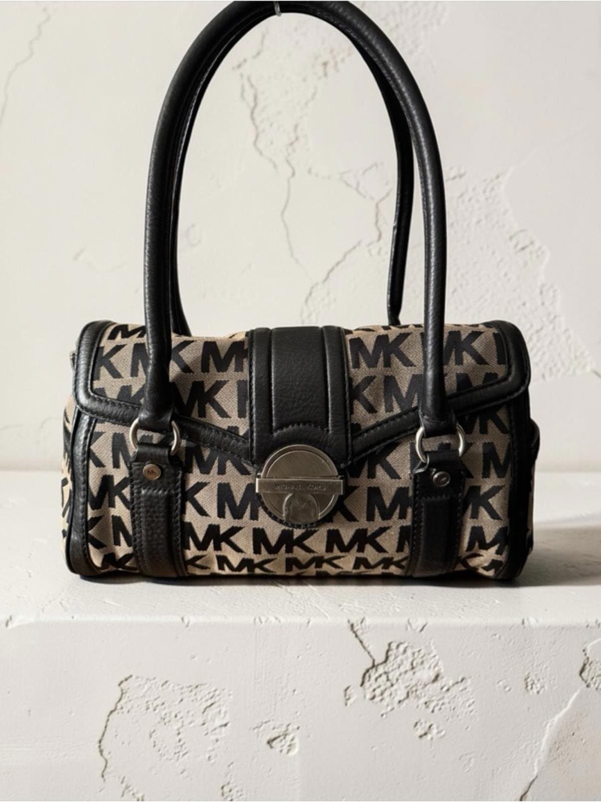 Michael Kors Beige and Black MK Logo Barrel Satchel with Leather Trim - Image 1
