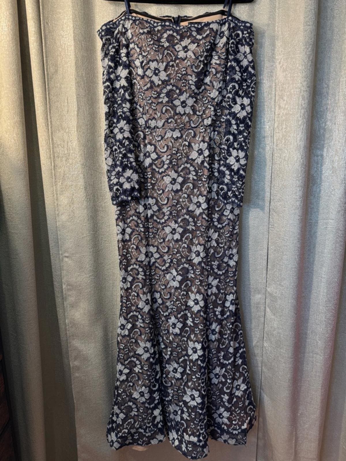 Xscape Navy and White Lace Off-Shoulder Long Sleeve Gown - Thumbnail 2