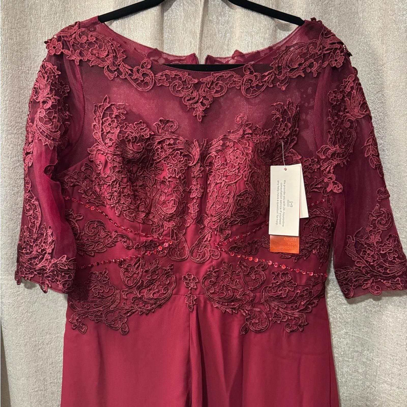 Embroidered Lace Bodice Wide-Leg Jumpsuit in Burgundy - Thumbnail 3