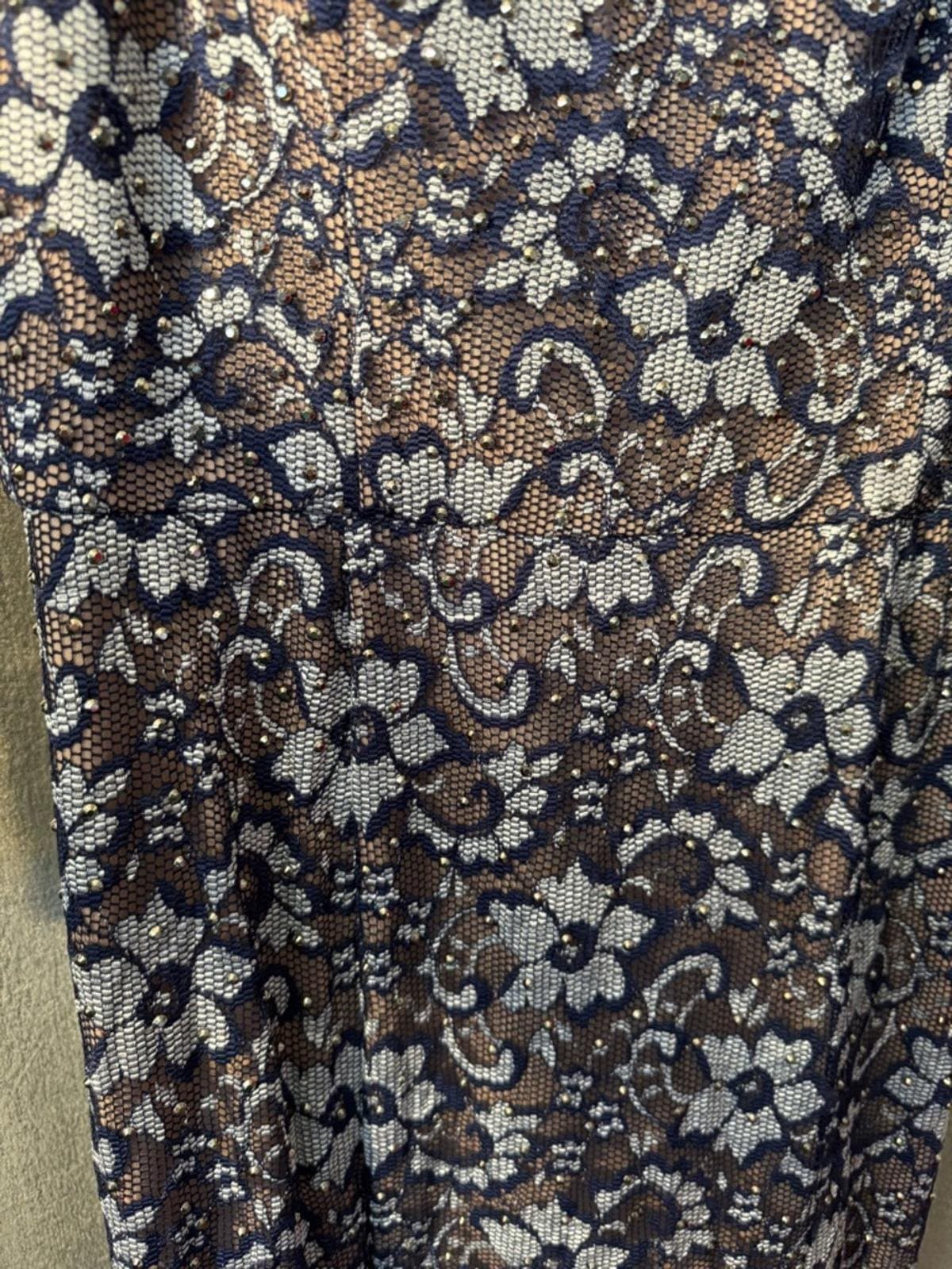 Xscape Navy and White Lace Off-Shoulder Long Sleeve Gown - Thumbnail 6