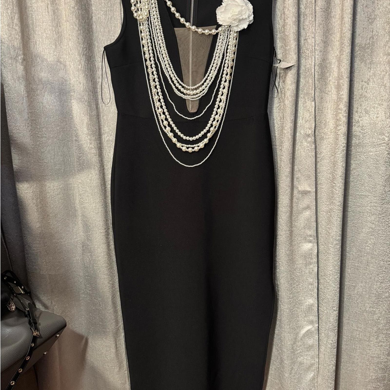 Fashion Nova Black Midi Dress with Pearl Details - Thumbnail 2