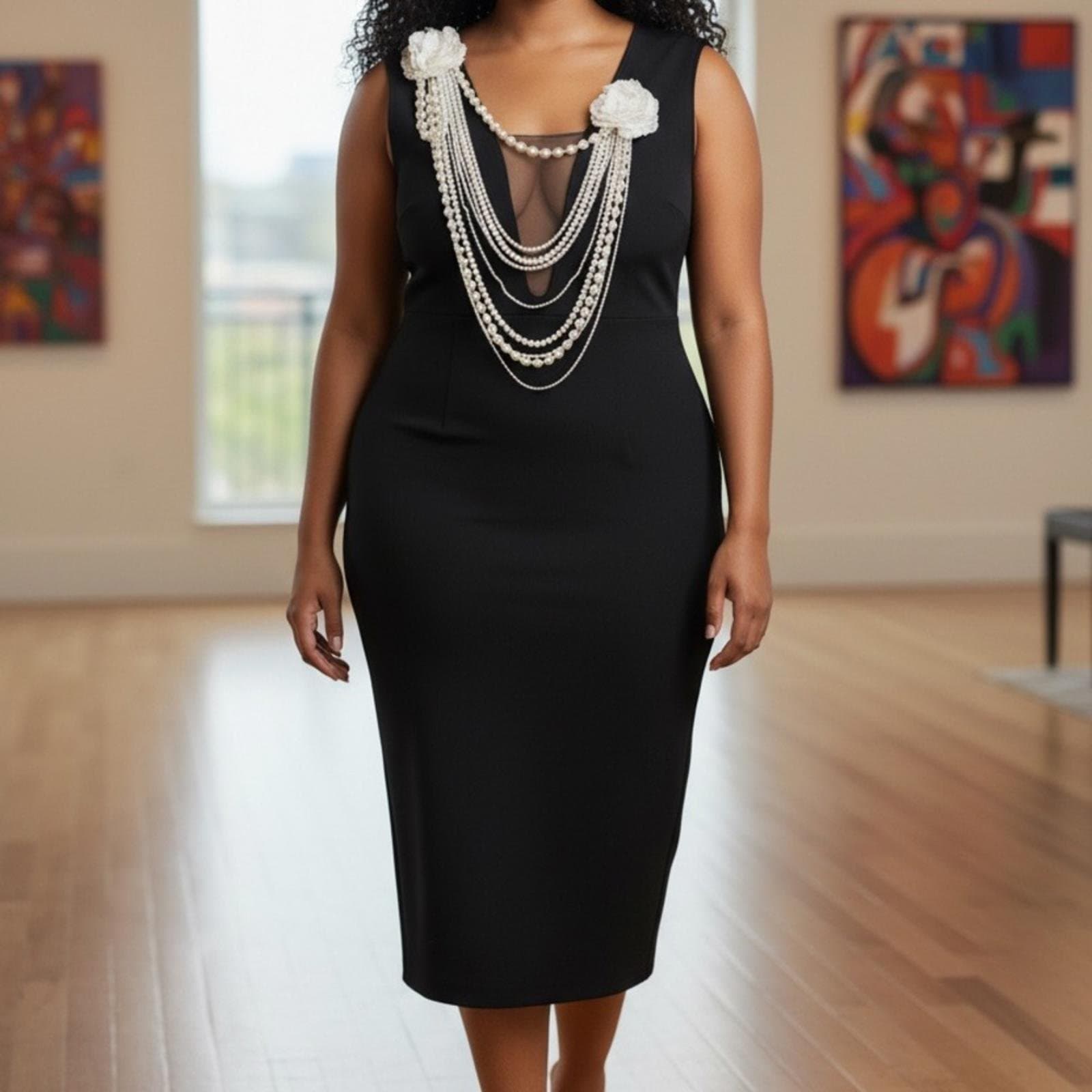 Fashion Nova Black Midi Dress with Pearl Details - Image 1