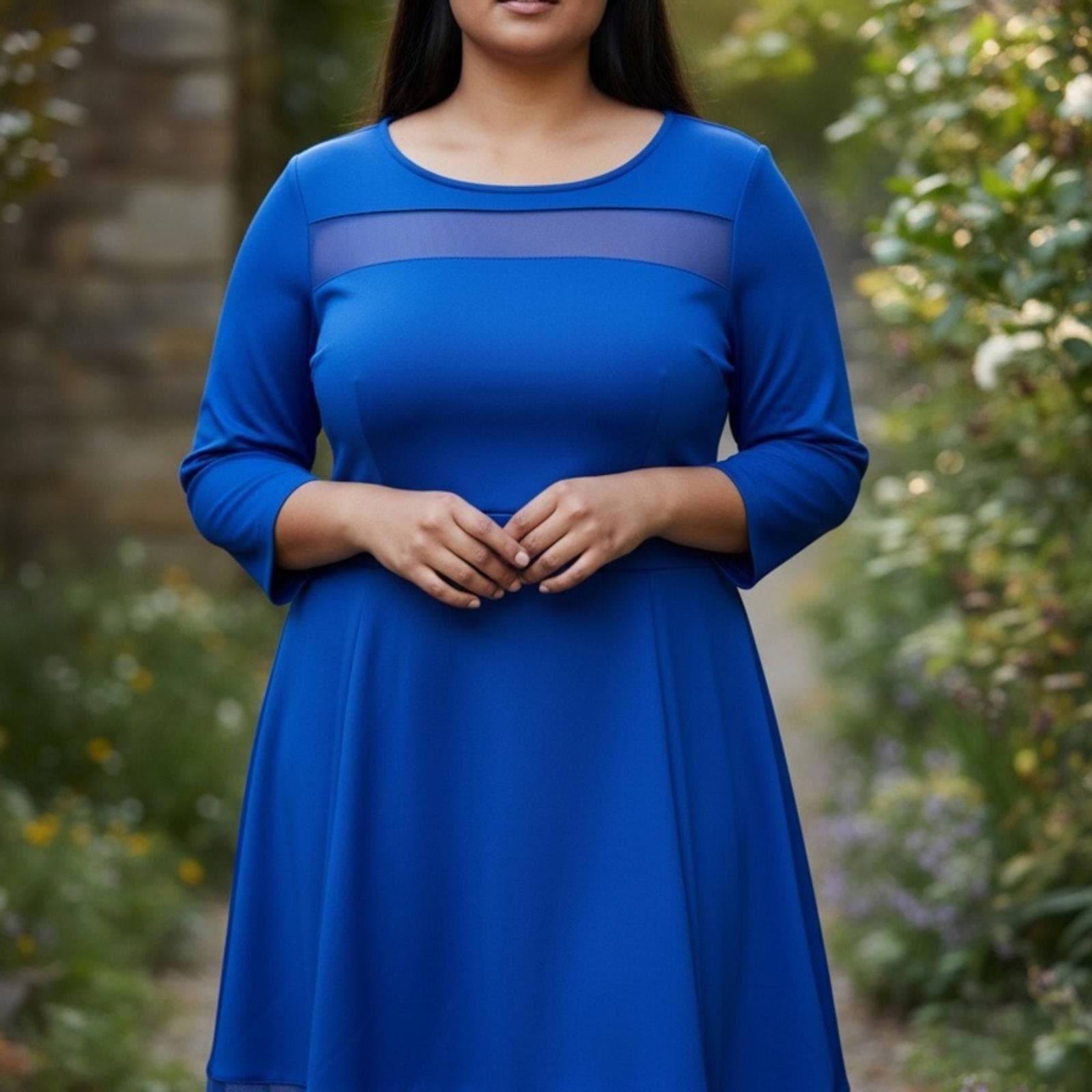 Lane Bryant Cobalt Blue A-Line Dress with Sheer Yoke - Image 1
