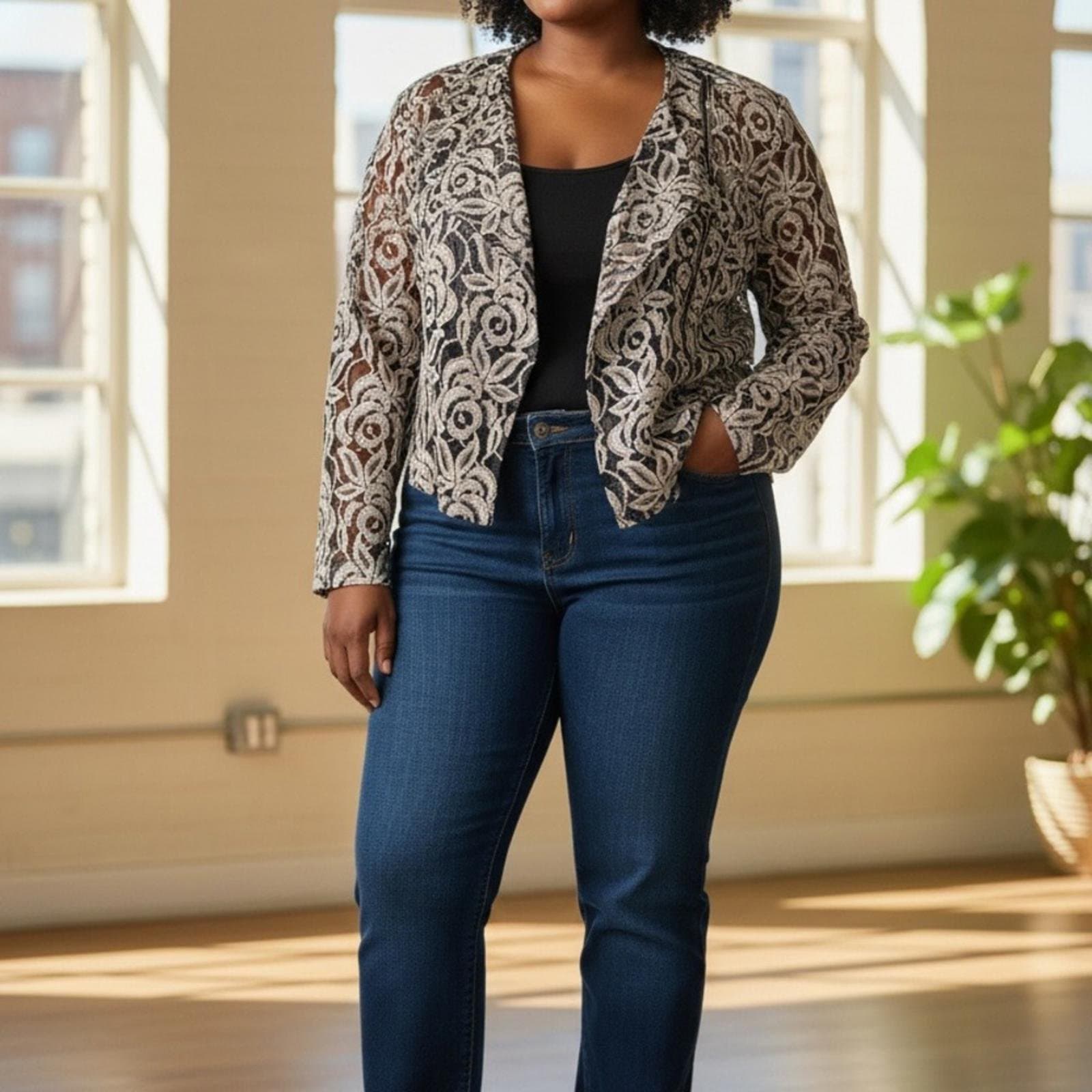 INC International Concepts Black and Cream Lace Open-Front Cardigan - Image 1