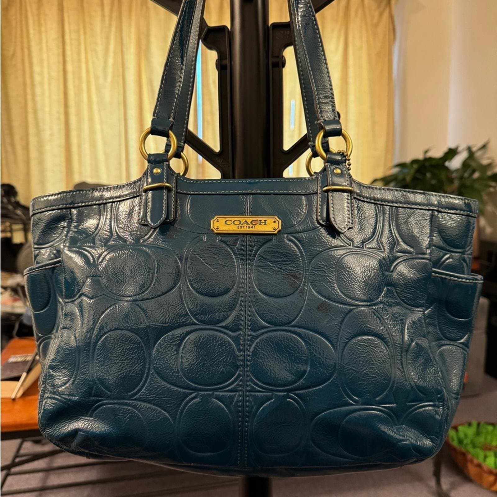 Coach Teal Embossed Leather Shoulder Bag - Thumbnail 2