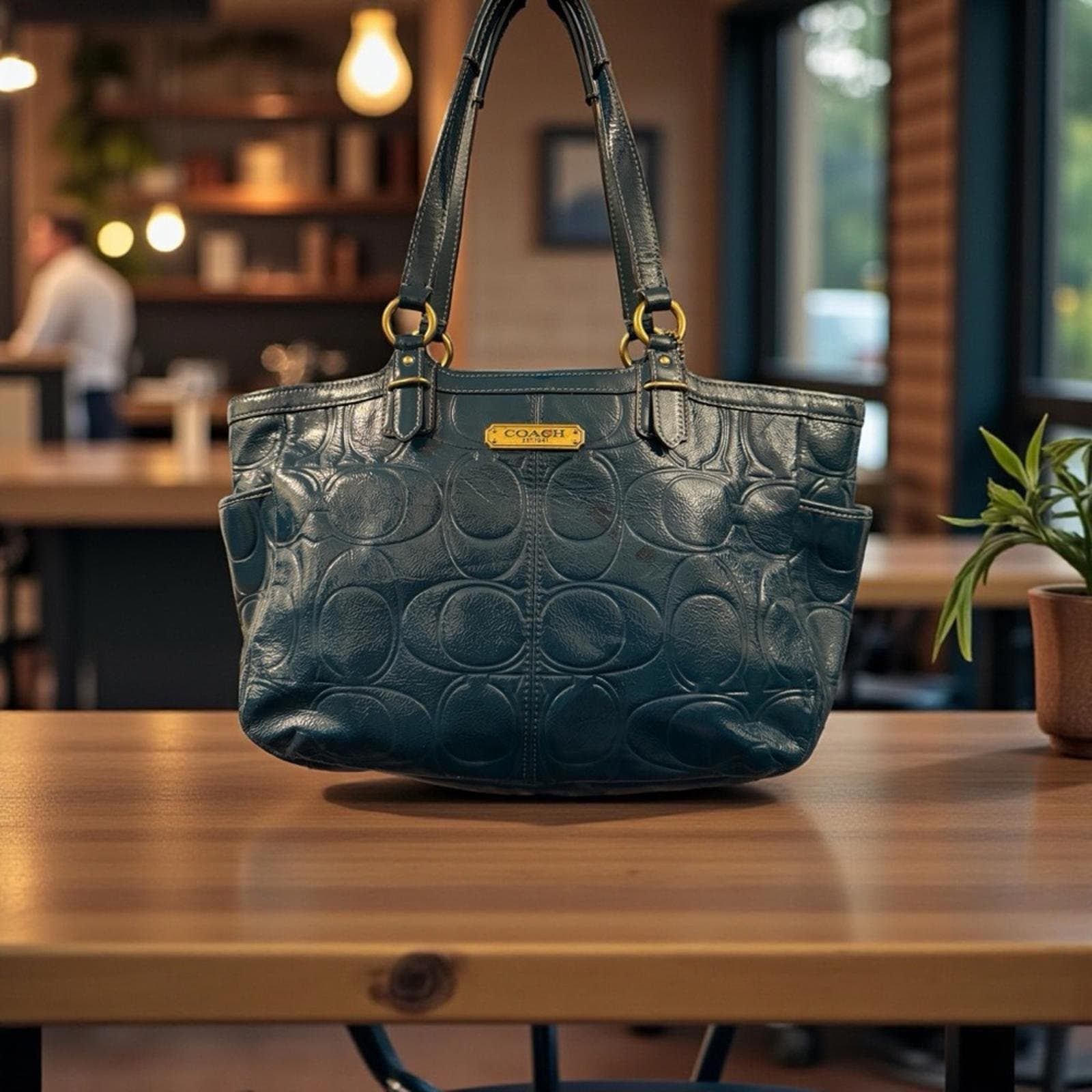 Coach Teal Embossed Leather Shoulder Bag - Image 1