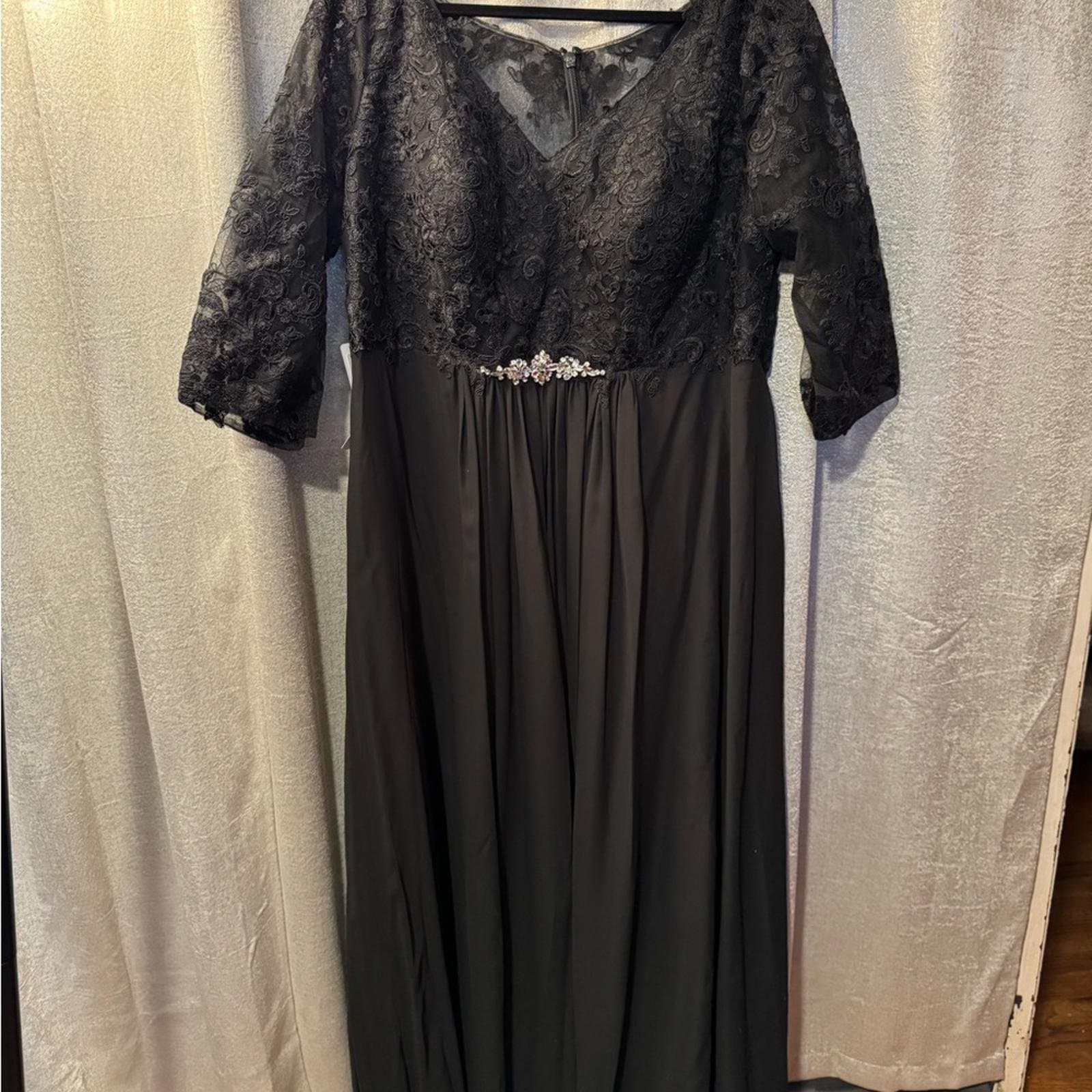 Azazie Black Lace Maxi Dress w/ Rhinestones - Thumbnail 2