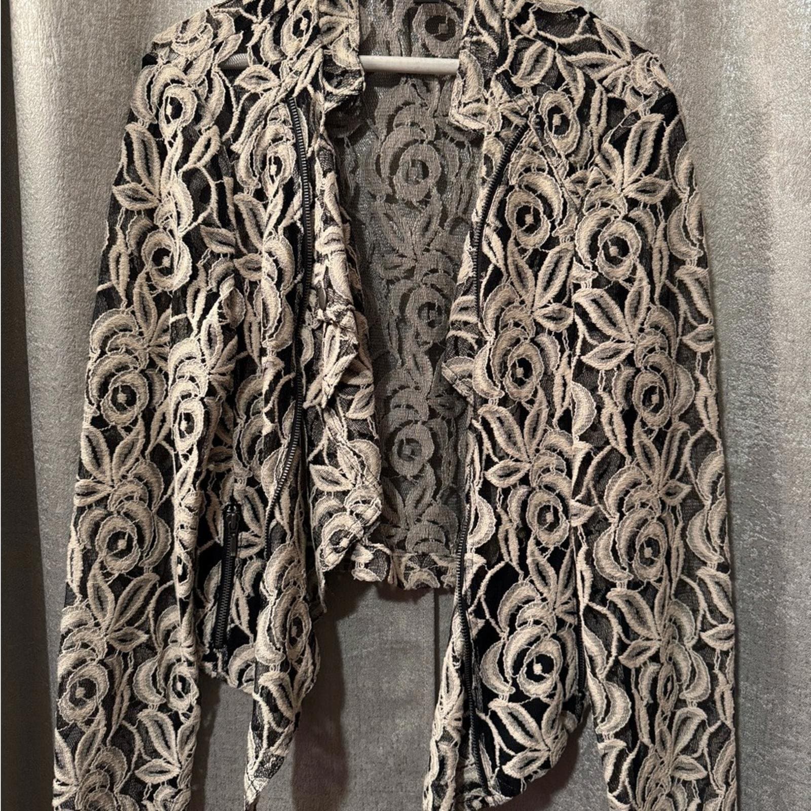 INC International Concepts Black and Cream Lace Open-Front Cardigan - Thumbnail 2