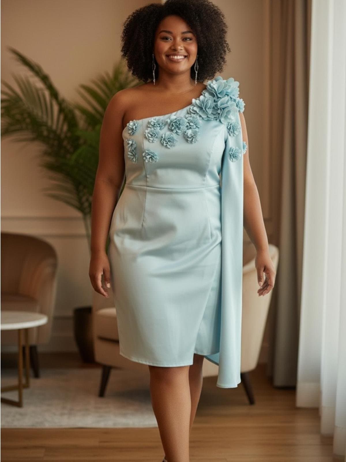 One-Shoulder Floral Appliqué Cocktail Dress in Light Blue - Image 1