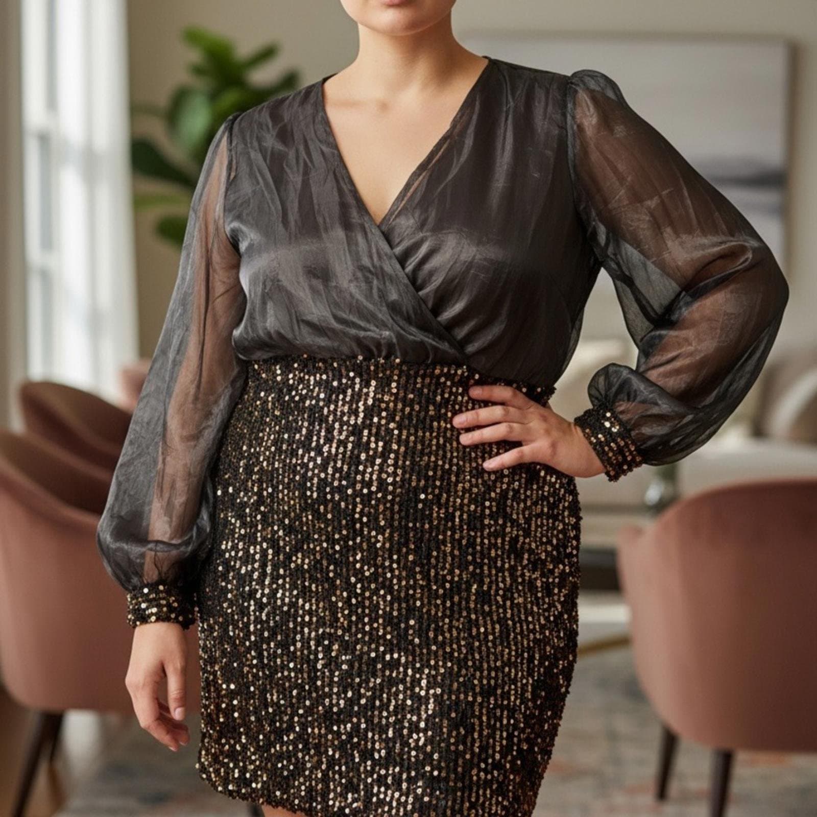 SHEIN Black and Gold Sequin Mini Dress - Image 1