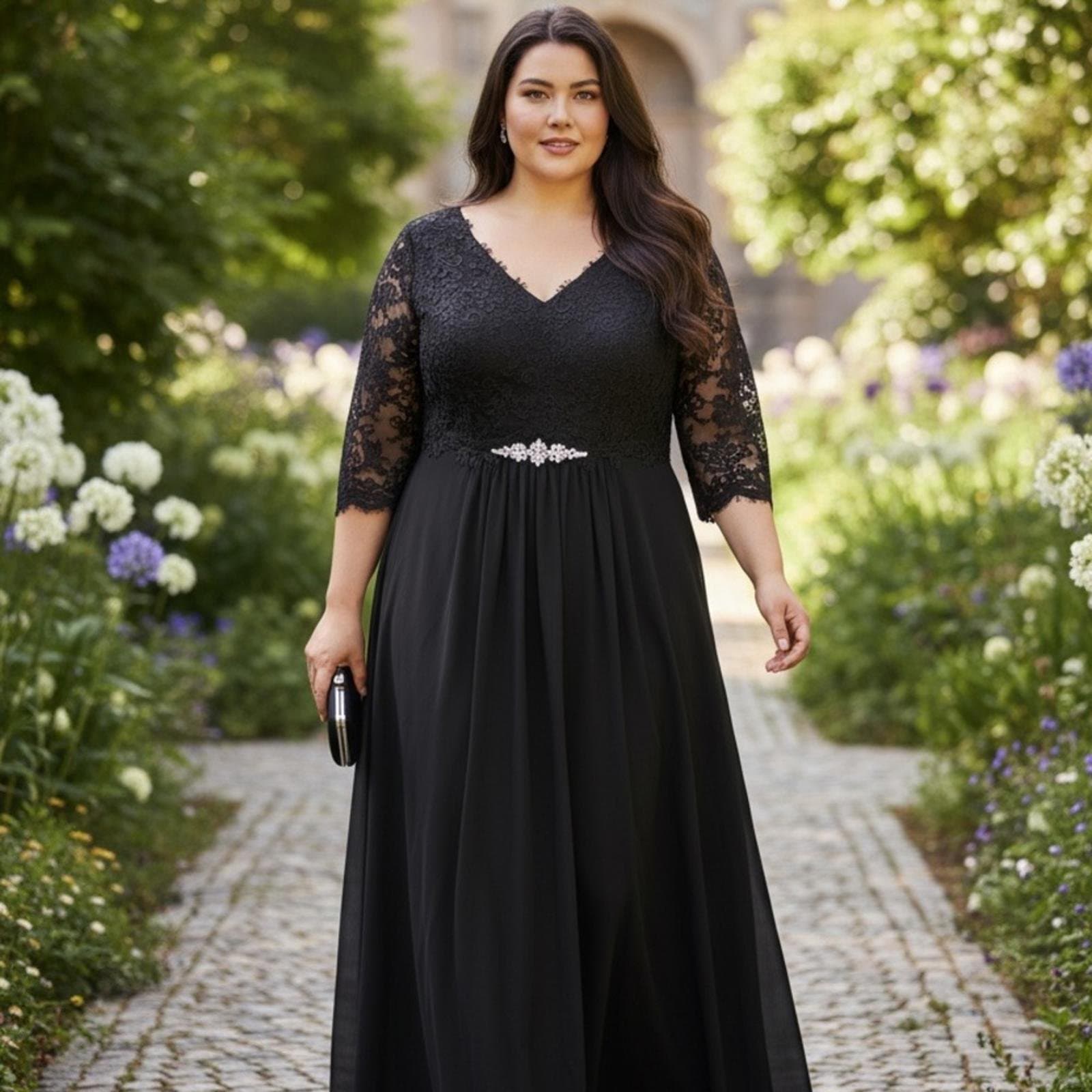 Azazie Black Lace Maxi Dress w/ Rhinestones - Image 1