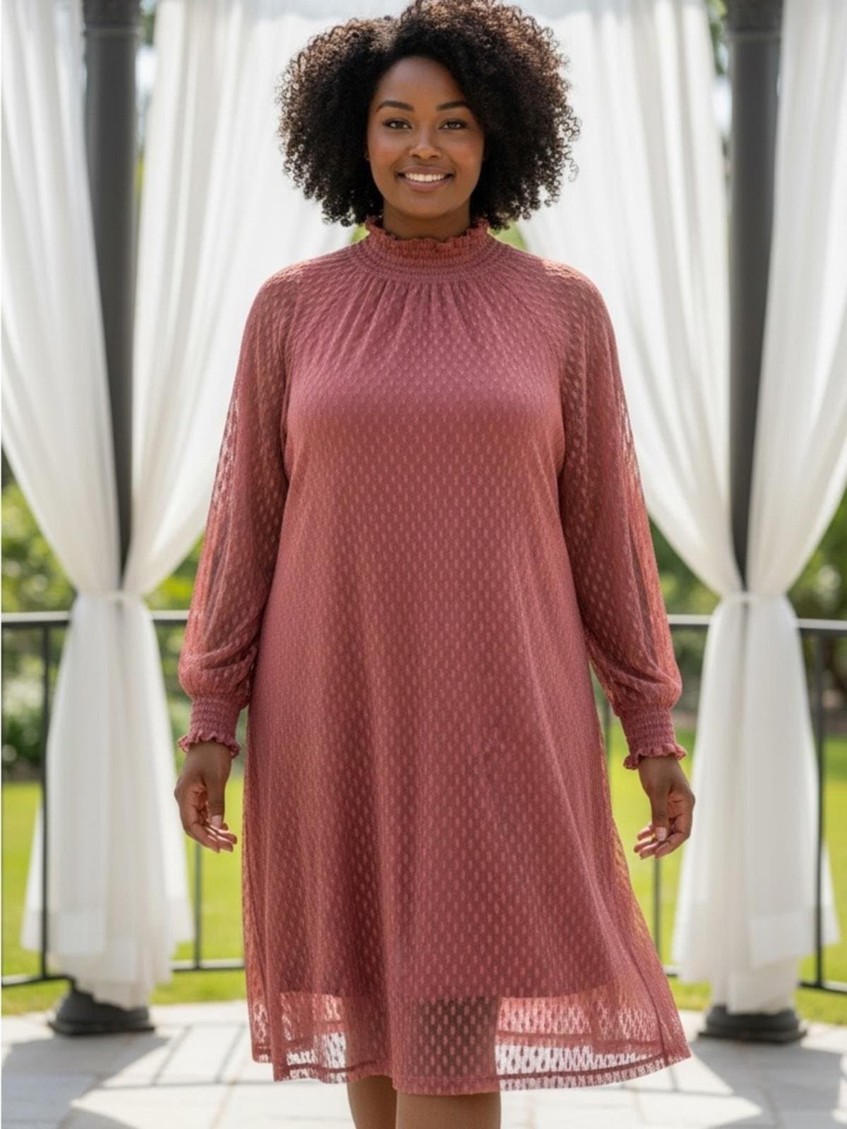 Nina Leonard Dusty Rose Smocked Neck Long-Sleeve Dress - Image 1
