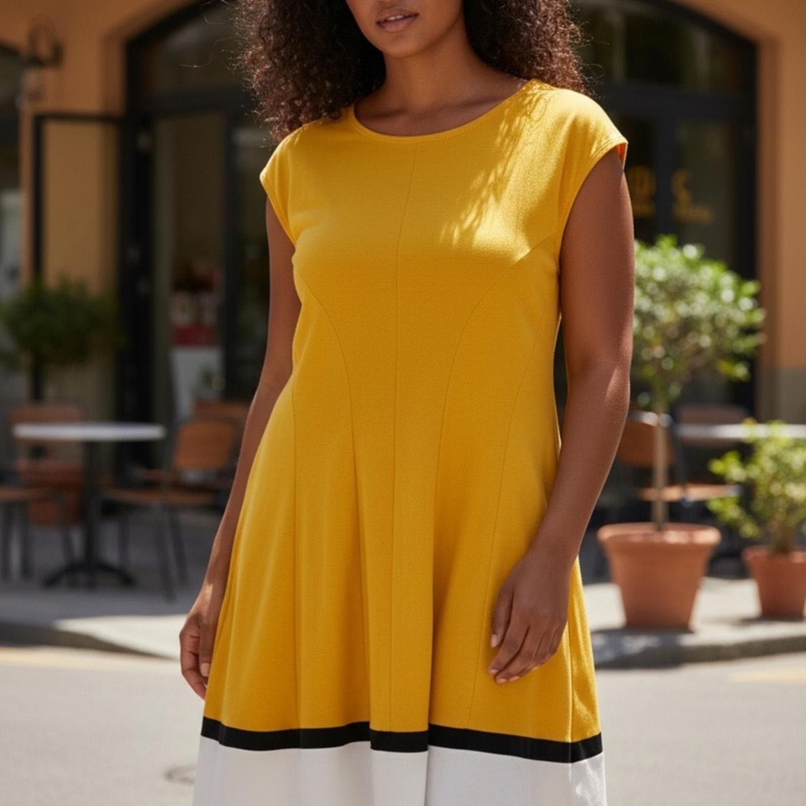 New York & Company Yellow Dress with Black and White Trim - Image 1