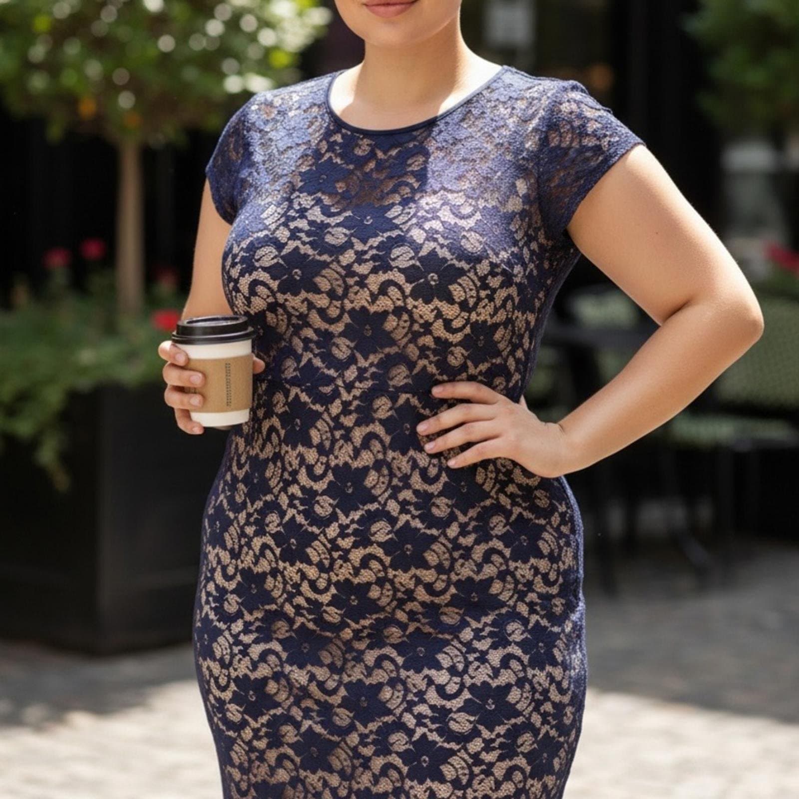 Almost Famous Navy and Beige Lace Midi Dress - Image 1