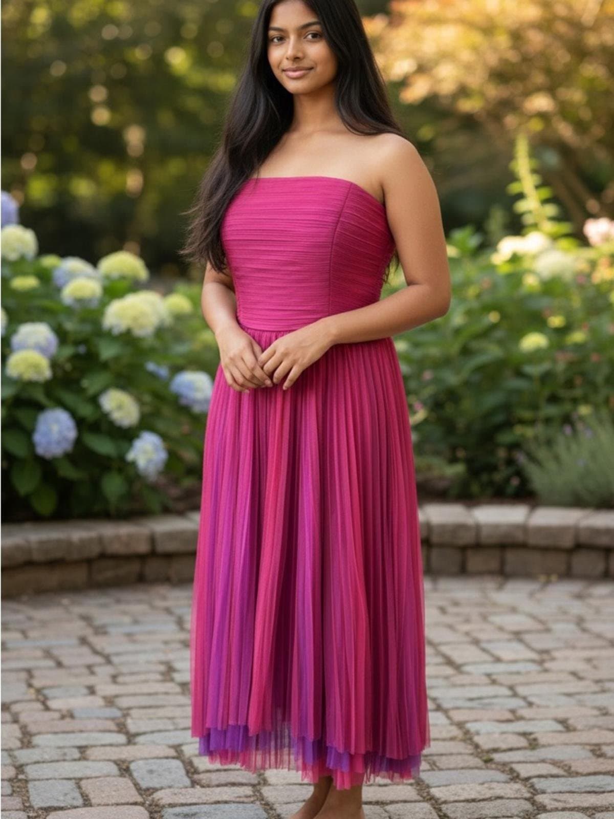 Chelsea28 Strapless Fuchsia-Purple Pleated Midi Dress - Image 1