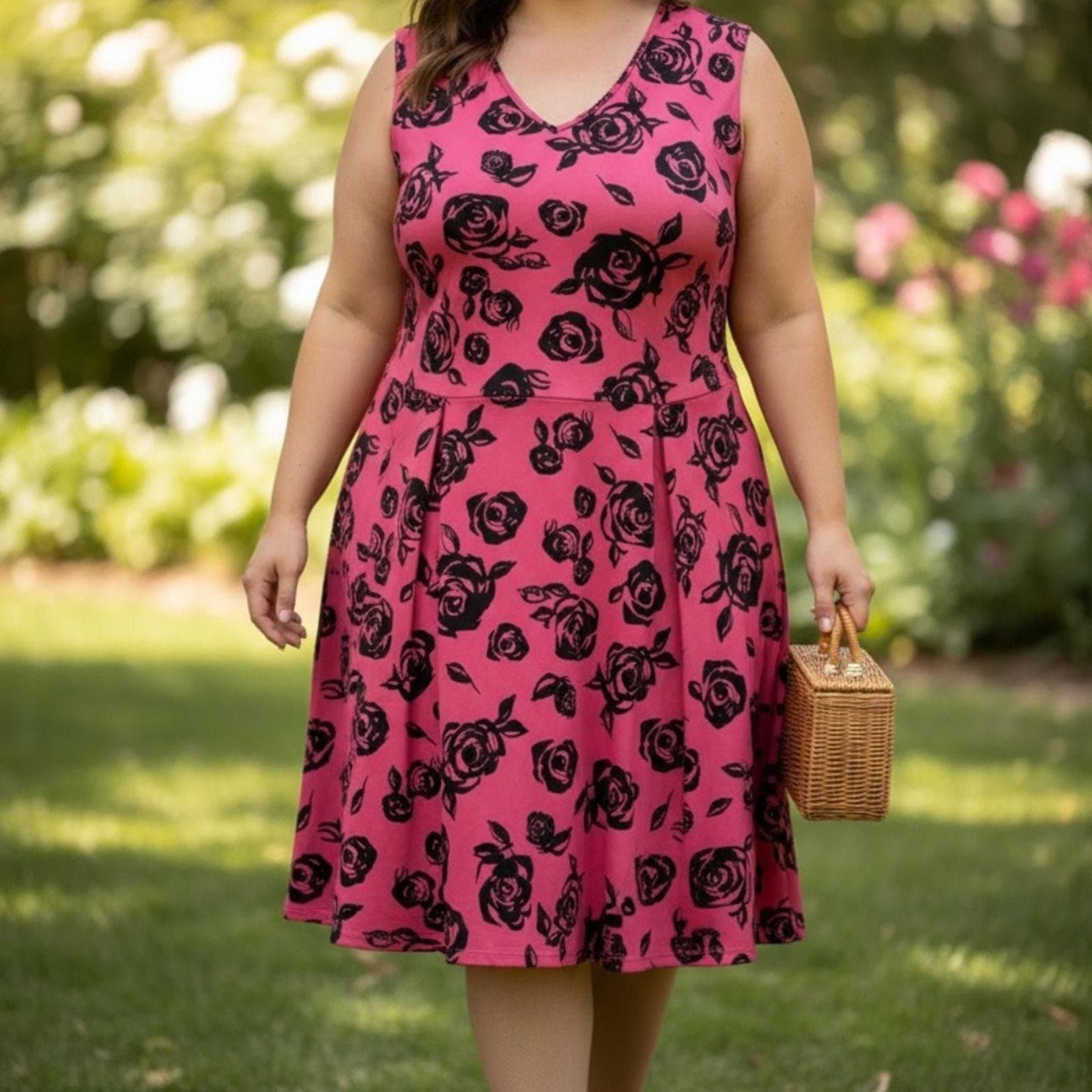 Ashley Stewart Pink and Black Floral Midi Dress - Image 1