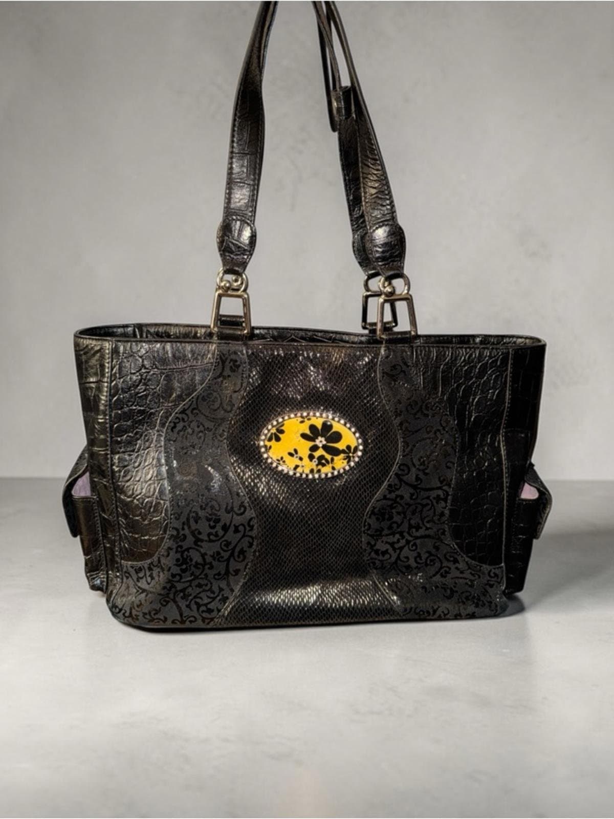 Black Embossed Tote with Yellow Floral Accent - Image 1