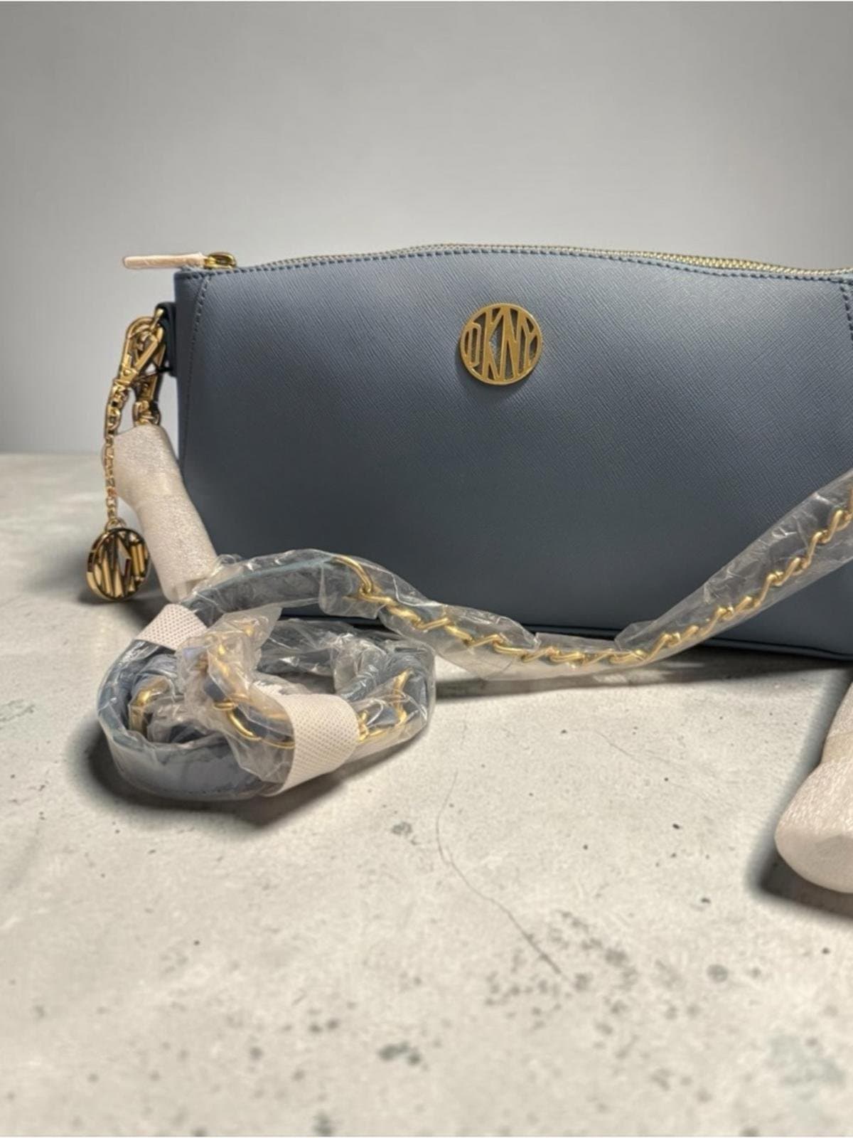 DKNY Dusty Blue Saffiano Crossbody with Gold Chain - Image 1