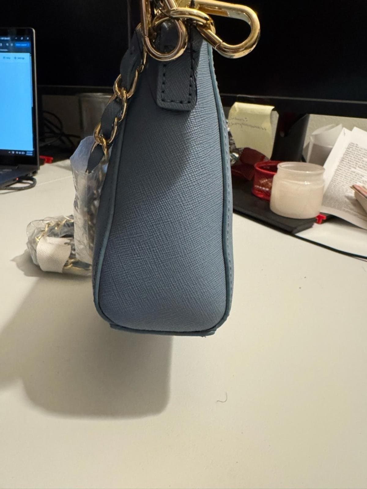 DKNY Dusty Blue Saffiano Crossbody with Gold Chain - Thumbnail 3